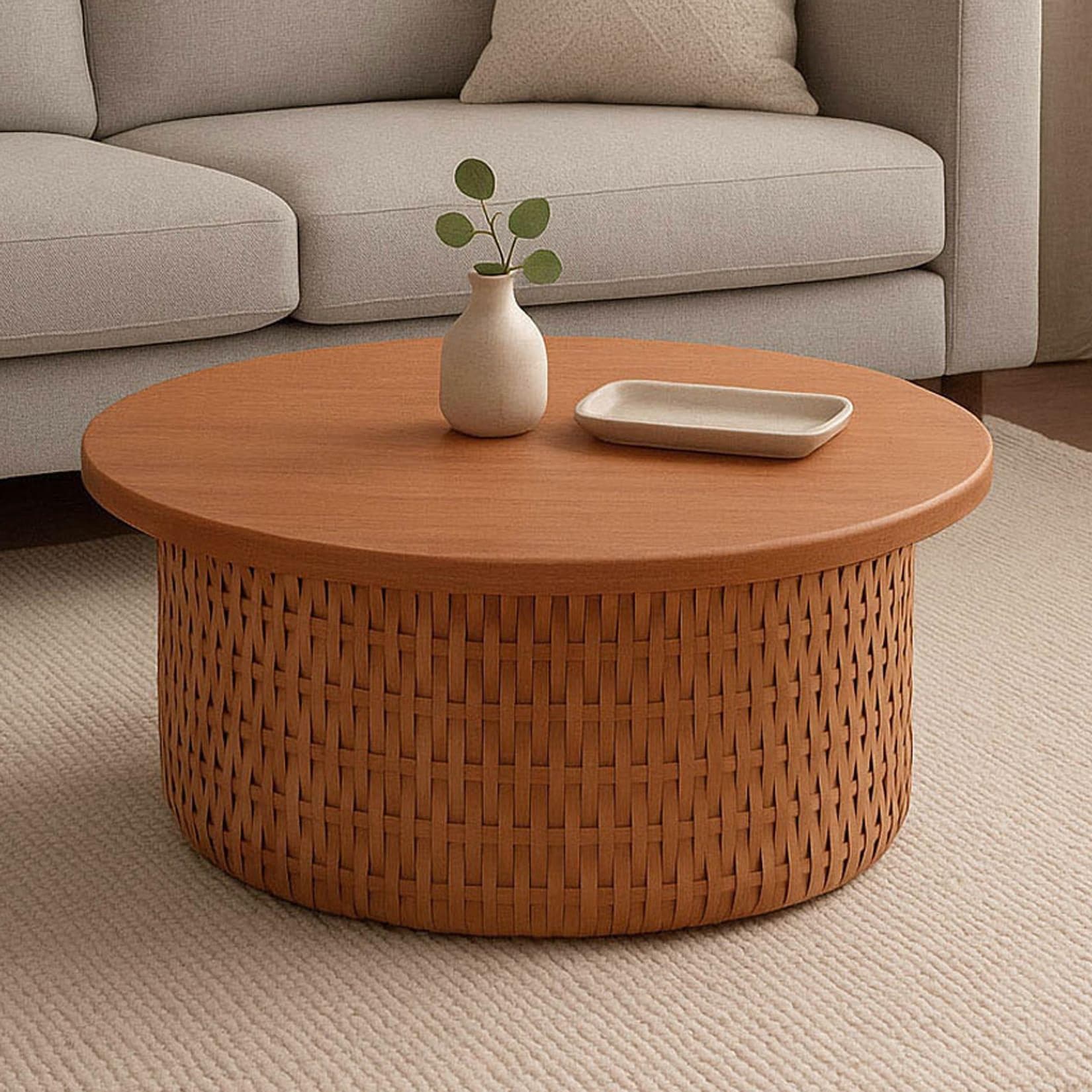 Couchtisch MCW-P15 Mahagoniholz Rattan rund 75cm