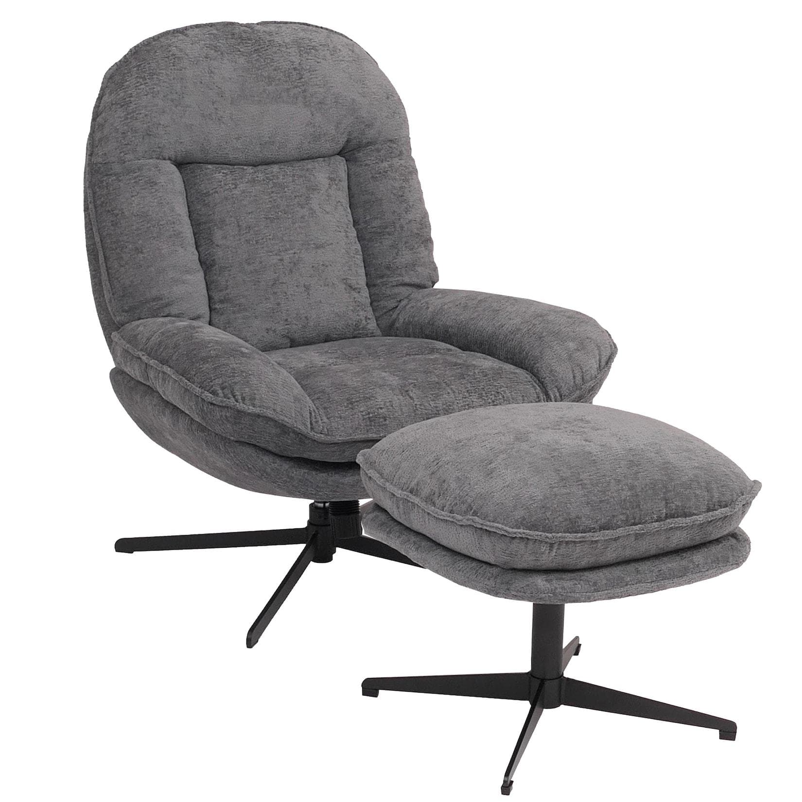 Relaxsessel mit Hocker MCW-P32, Fernsehsessel Nosagfederung, drehbar Metall Stoff/Textil Chenille 370 g/m² ~ grau