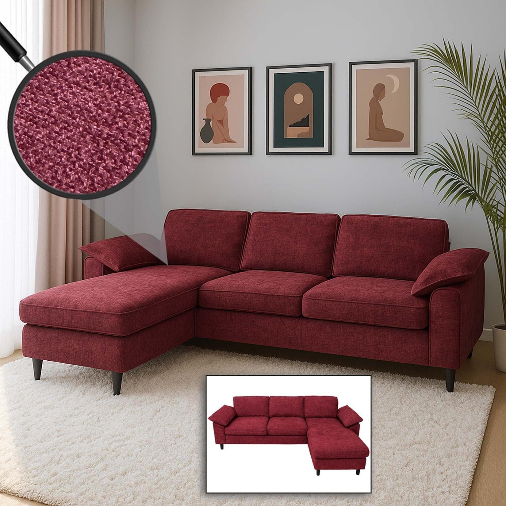 MCW Ecksofa L-Form Bordeaux Stoff 320 g/m²