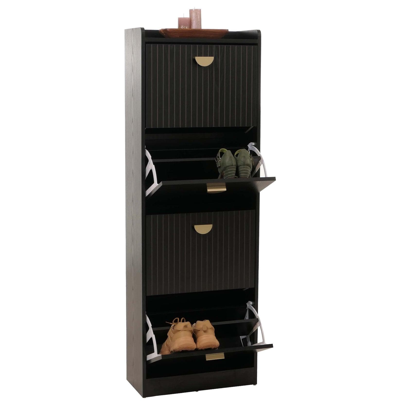Schuhschrank MCW-O39, Schuhkipper Schuhregal 4 Klappen Klappfächer MDF Melamin Metall 148x50x24cm Holzoptik Schwarz