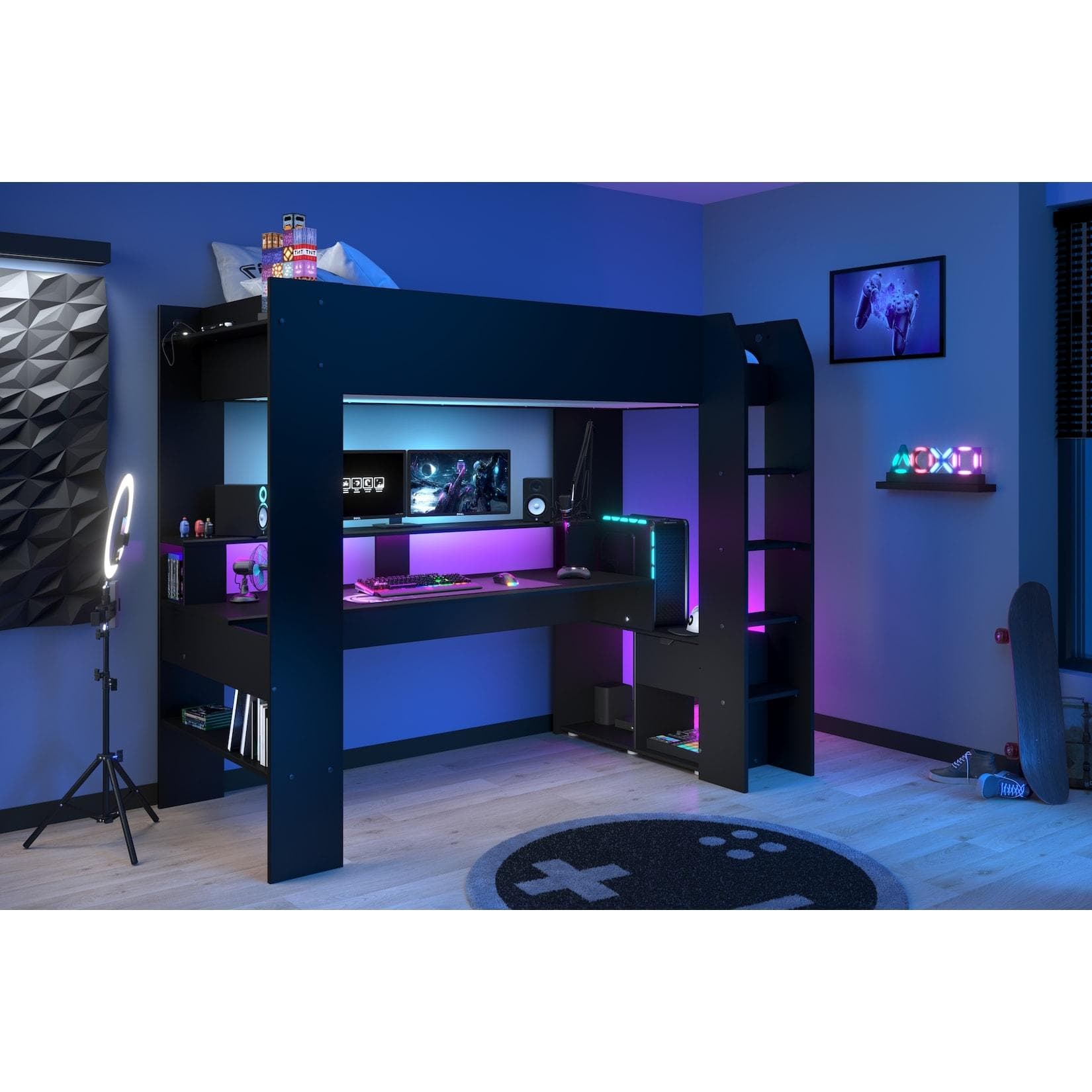 Gaming Hochbett mit Schreibtisch und LED Beleuchtung