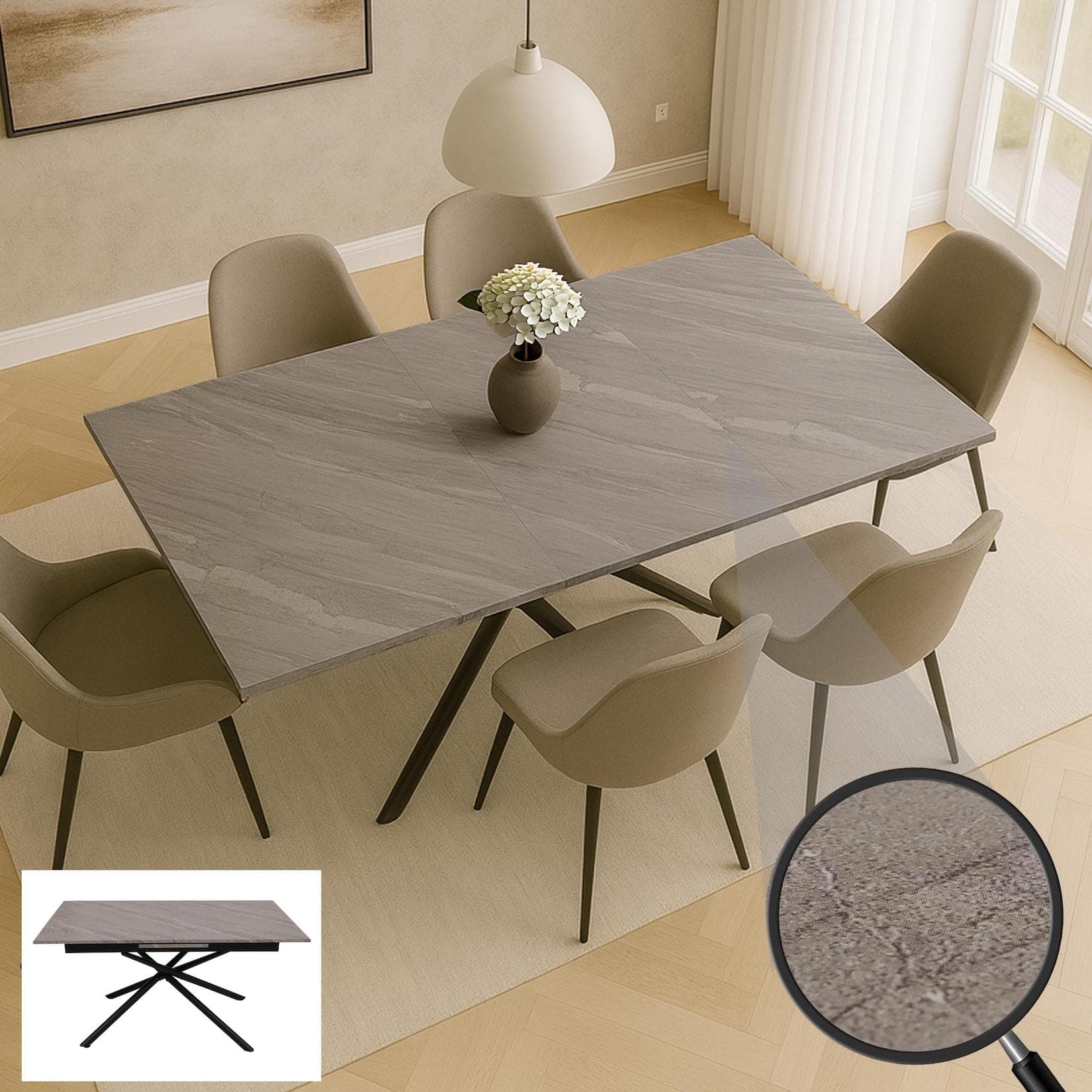 Esszimmertisch MCW-O57 Ausziehtisch Eisen MDF Marmor-Optik Grau