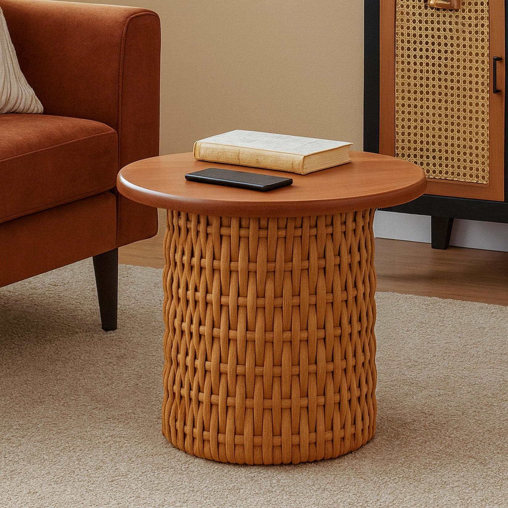 Beistelltisch MCW-P15 Mahagoniholz Rattan 44cm
