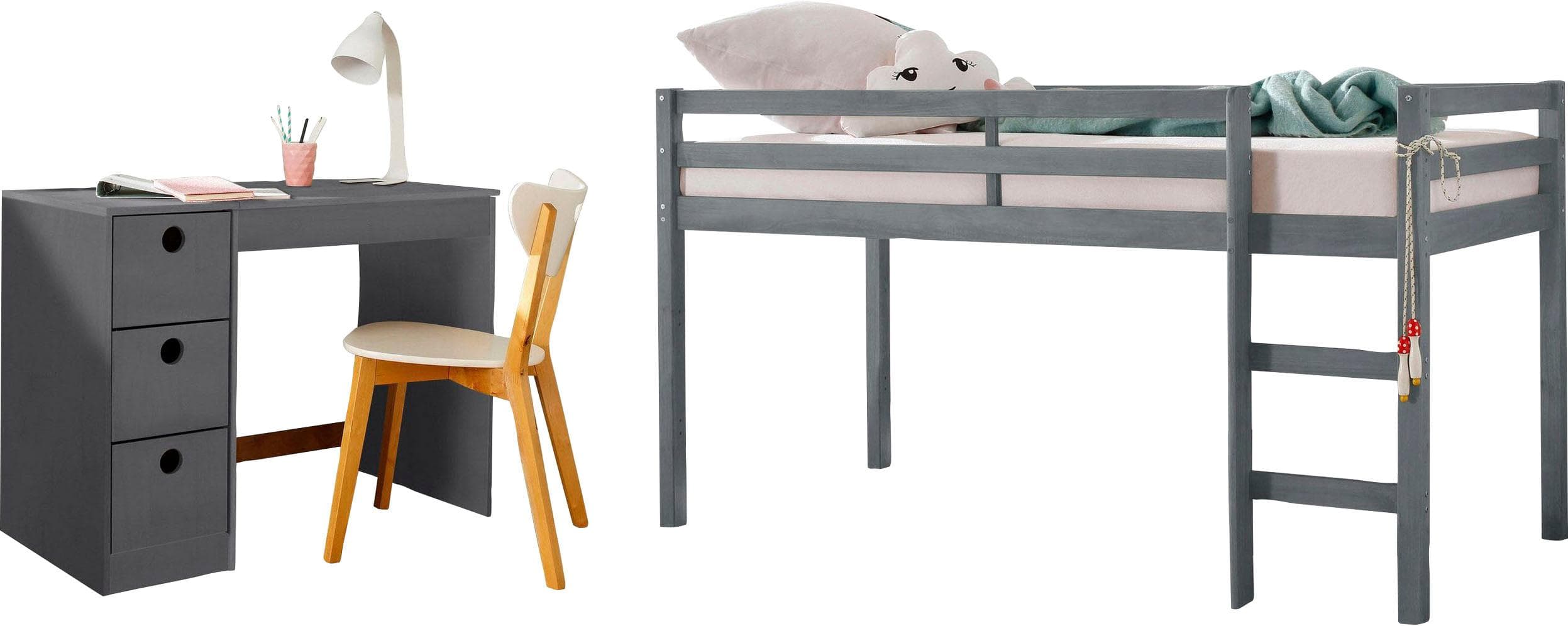 OTTO HOME Alpi Jugendzimmer-Set Grau Hochbett mit Schreibtisch und Stauraum