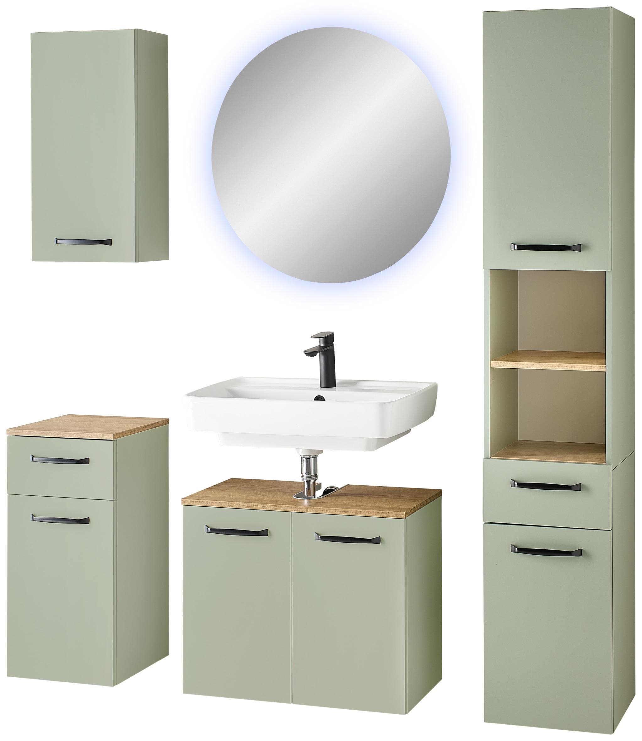 Badmöbel-Set SAPHIR Quickset 500 Waschbeckenunterschrank mit Spiegel Salbei Nachbildung