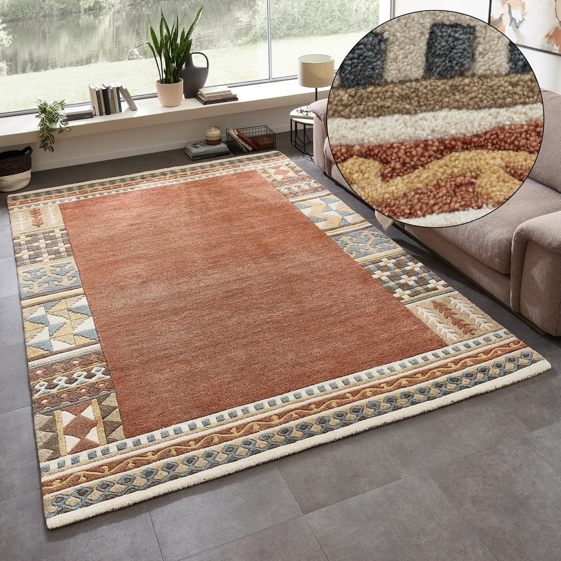 THEKO Wollteppich Nuno: Handgearbeiteter Wolle Teppich mit Bordüre