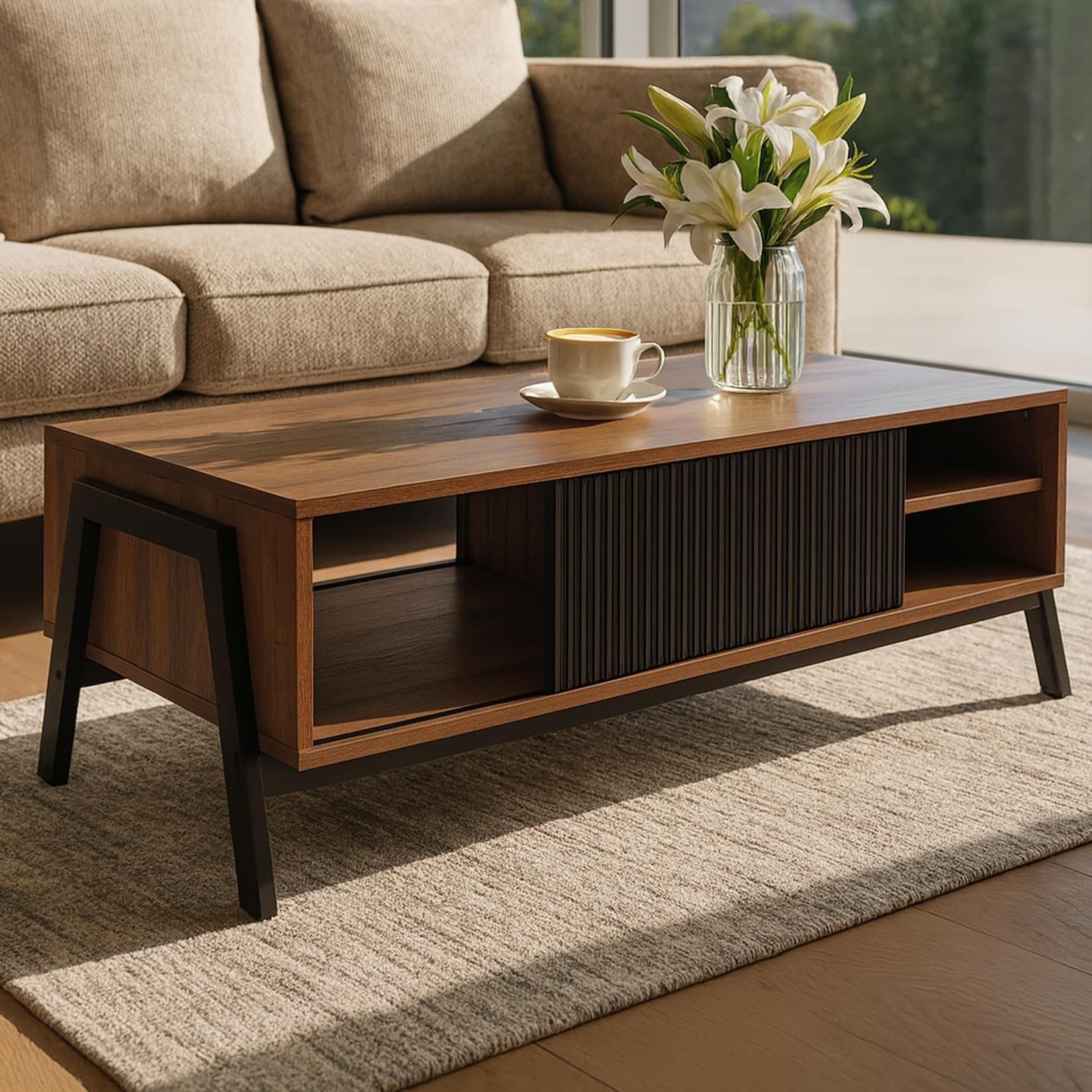 Couchtisch MCW-O40 Wohnzimmertisch Sofatisch Staufächer Schiebetür