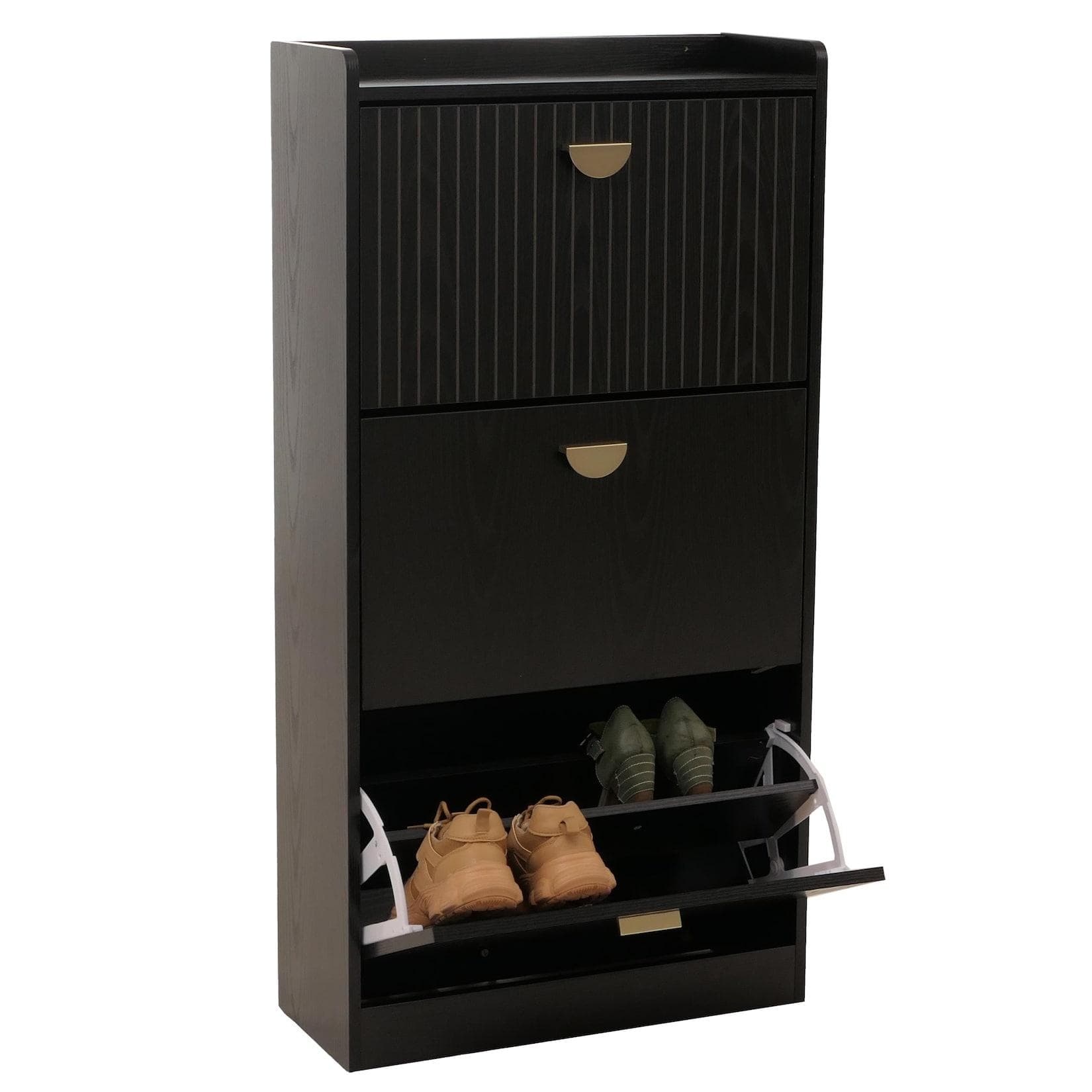 Schuhschrank MCW-O39 Schuhkipper Schuhregal 3 Klappen Klappfächer MDF Melamin Metall Holzoptik Schwarz