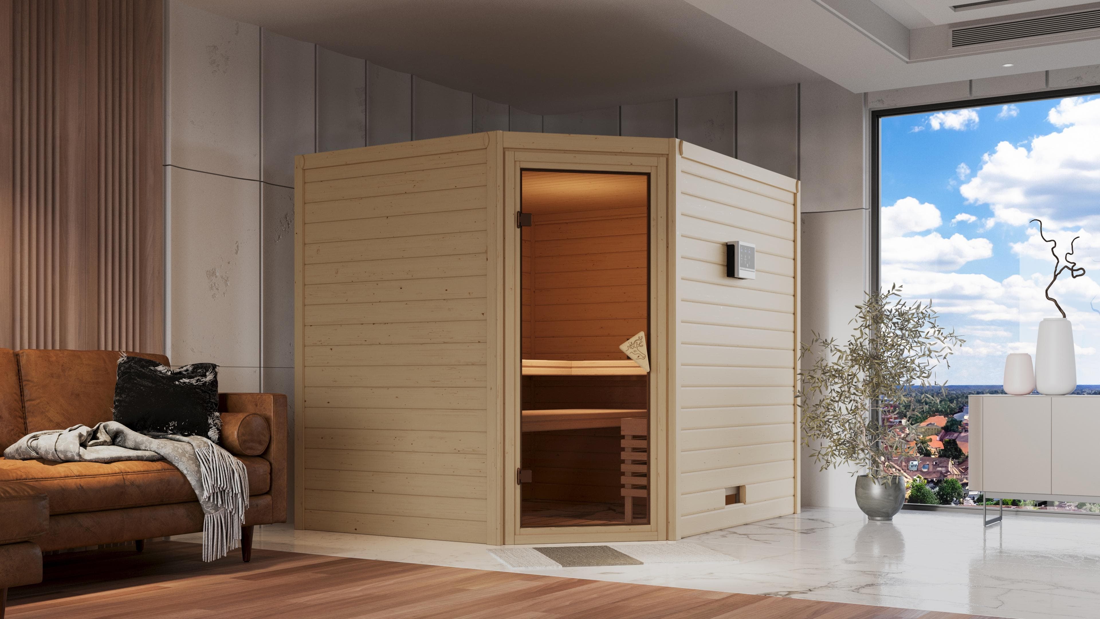 Sauna KARIBU "Talida" Beige 9 kW Saunaofen Externe Steuerung
