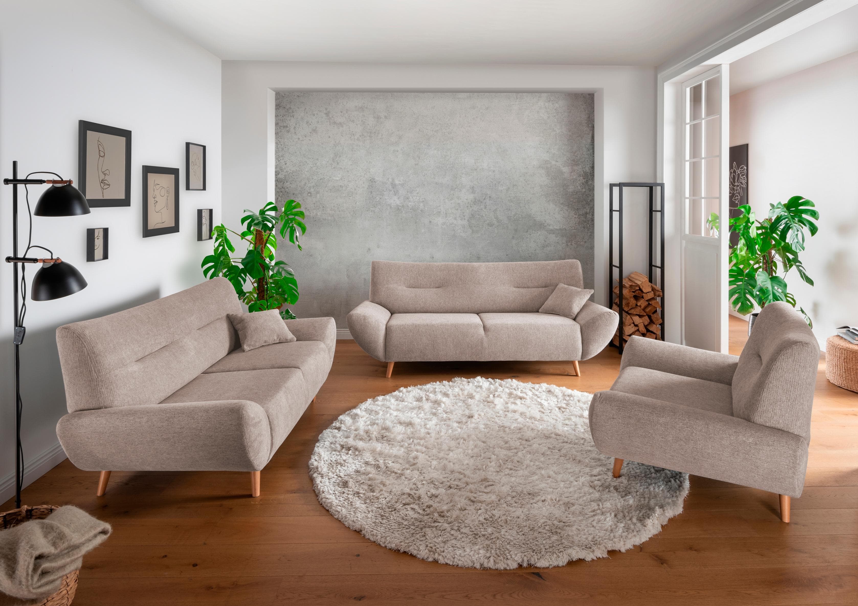 3-teilige Polstergarnitur in verschiedenen Stoffen - mit Sessel und Zierkissen