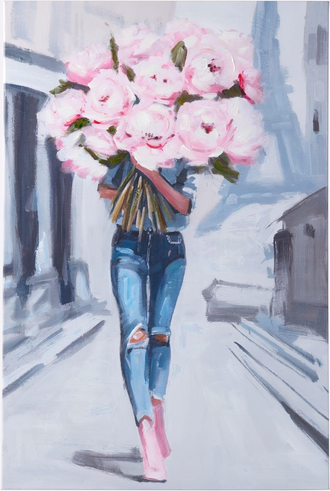 Bild Motiv Frau mit Blumenstrauß Weiß-Rosé 70x105cm