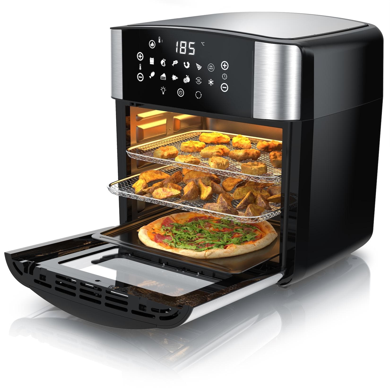 Arendo Heißluftfritteuse Multifunktionsofen 16L, Backofen Umluft, Grill, Dörrautomat, Air Fryer, 1800 W, XXL Fritteuse ohne Öl mit Zubehör für Pizza, Hähnchen, Pommes uvm.