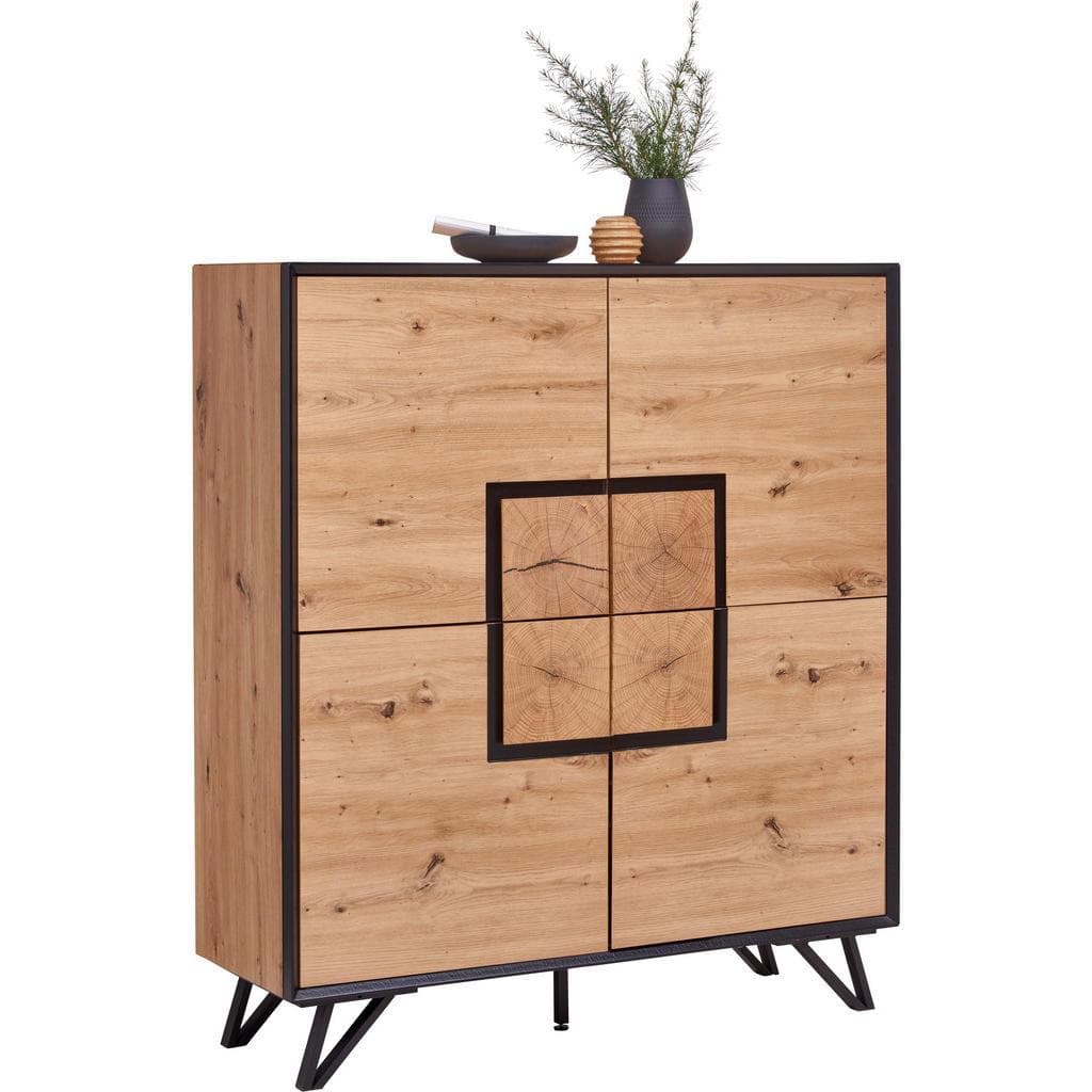 Xora Highboard Schwarz Eiche Metall Holzwerkstoff 4 Fächer
