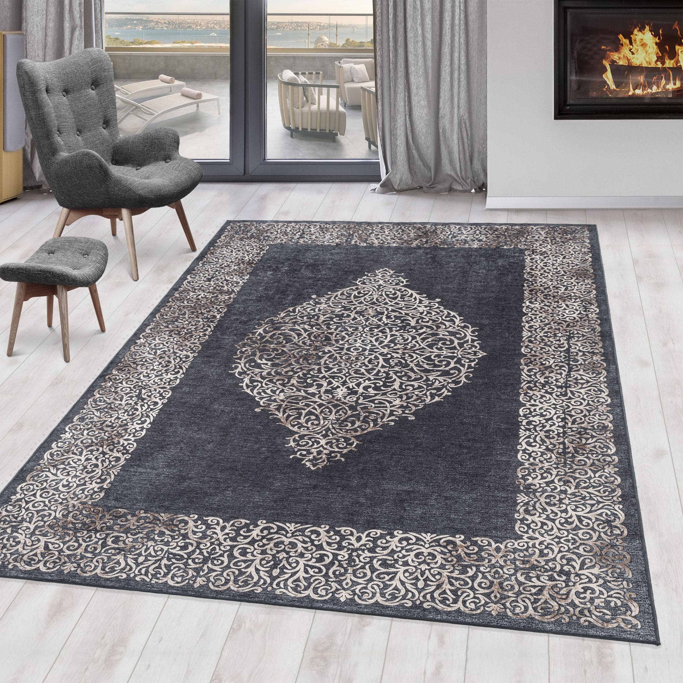 Moderner Vintage-Orient-Teppich in Schwarz, 200x290 cm