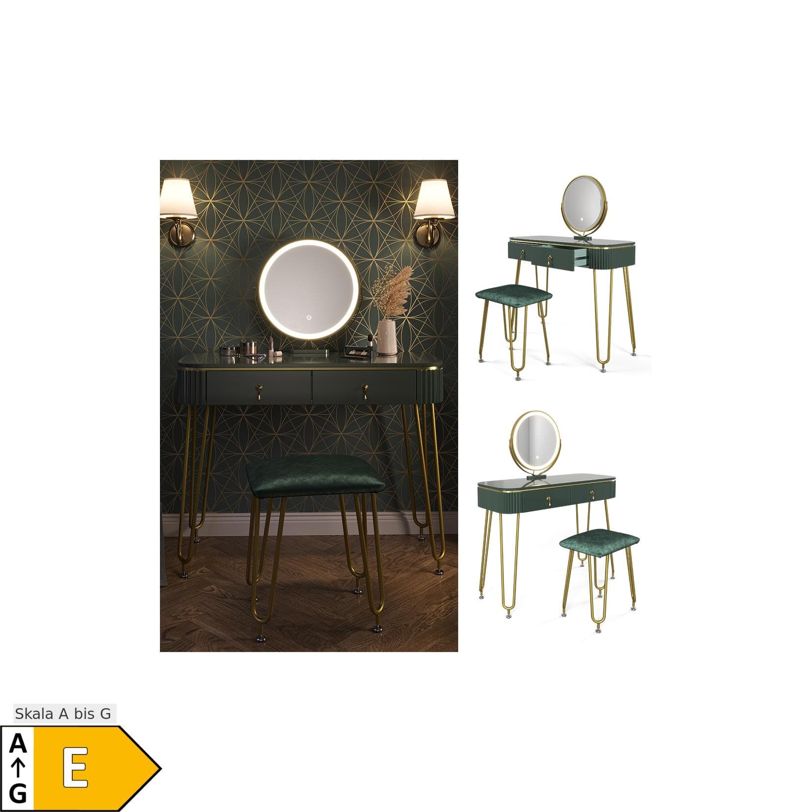 Vicco Schminktisch Grace Dunkelgrün Hochglanz LED-Spiegel