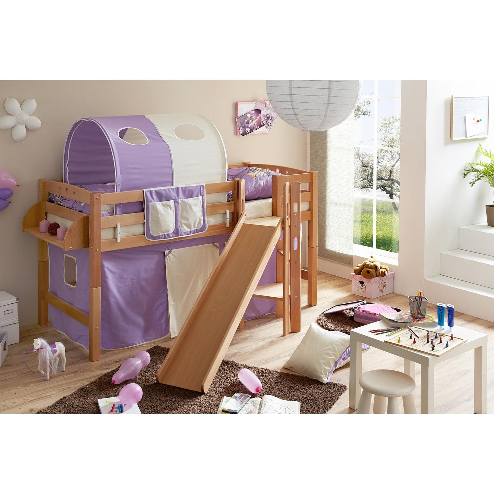 TiCAA Hochbett mit Rutsche Podestbett "Tino" Buche Natur Classic teilbar