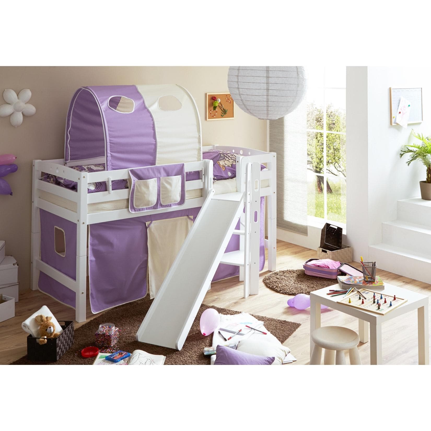 Hochbett aus massiver Buche, weiß, klassisch