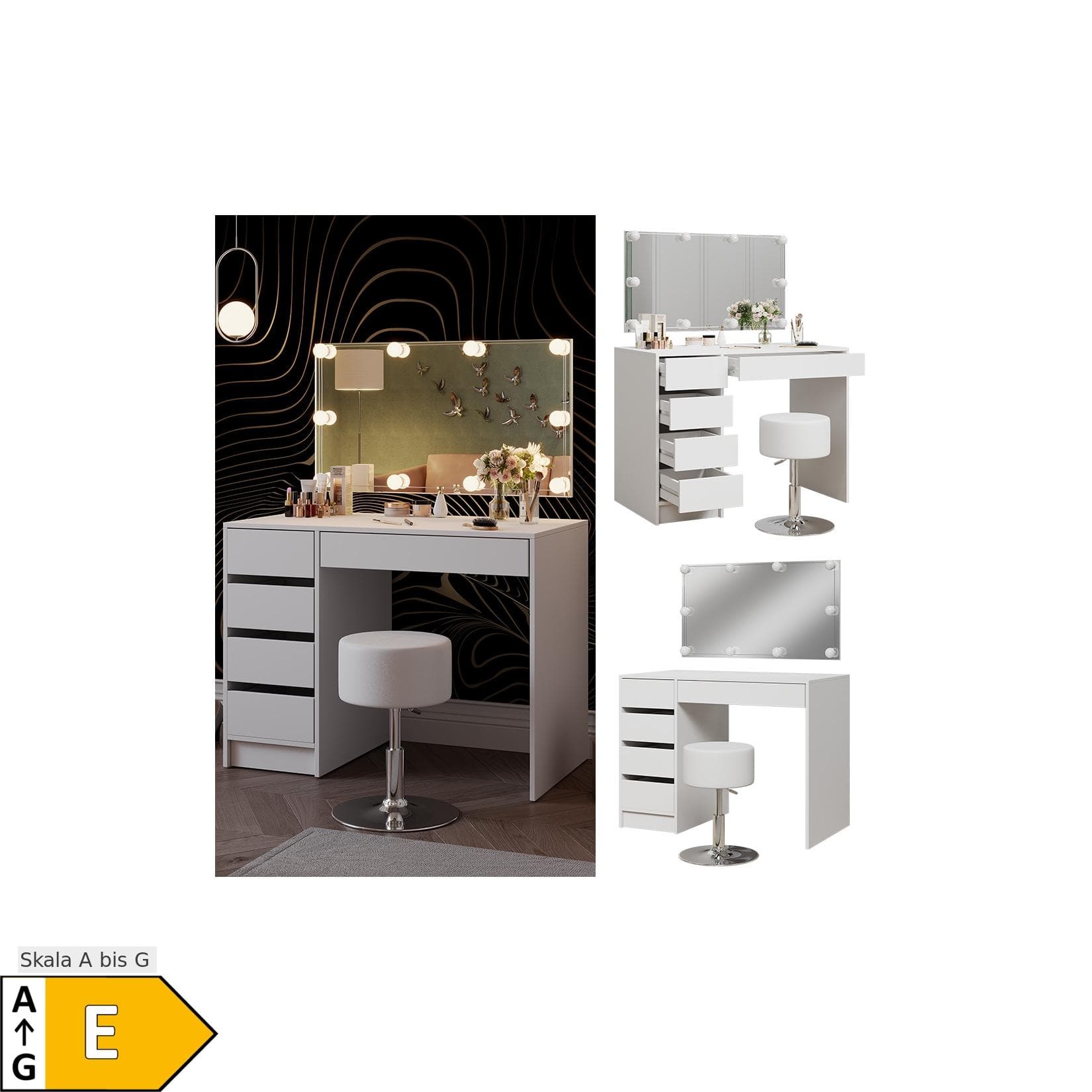 Vicco Schminktisch Thalia Weiß Hochglanz mit LED Beleuchtung und Hocker