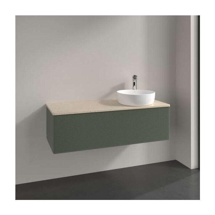 Villeroy und Boch Antao Waschtisch-Unterschrank mit Beleuchtung, 1 Auszug, 1200 x 360 x 500 mm, Leaf Green Matt Lacquer / Botticino