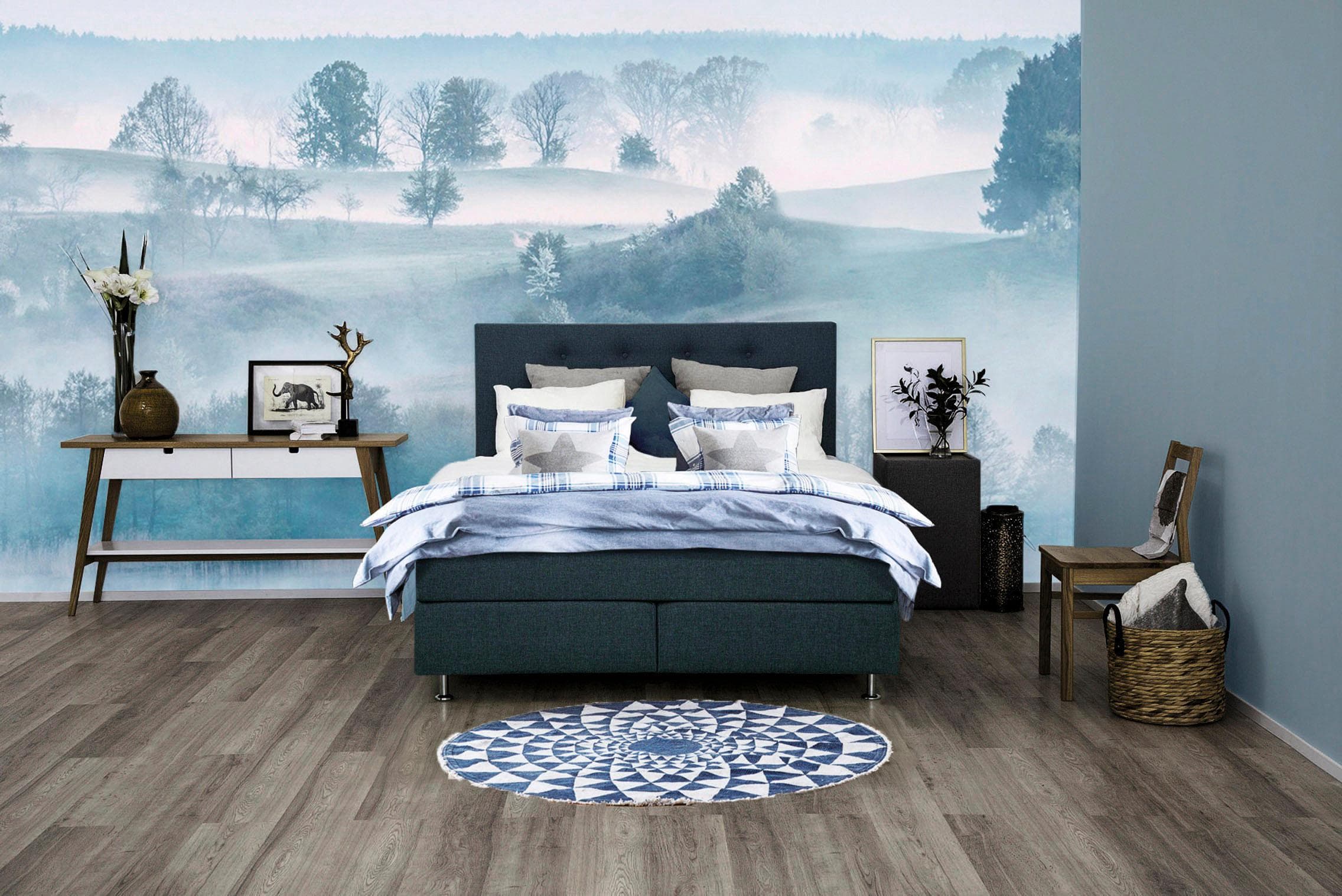 HOME AFFAIRE Boxspringbett Nordica Dunkelblau mit Topper