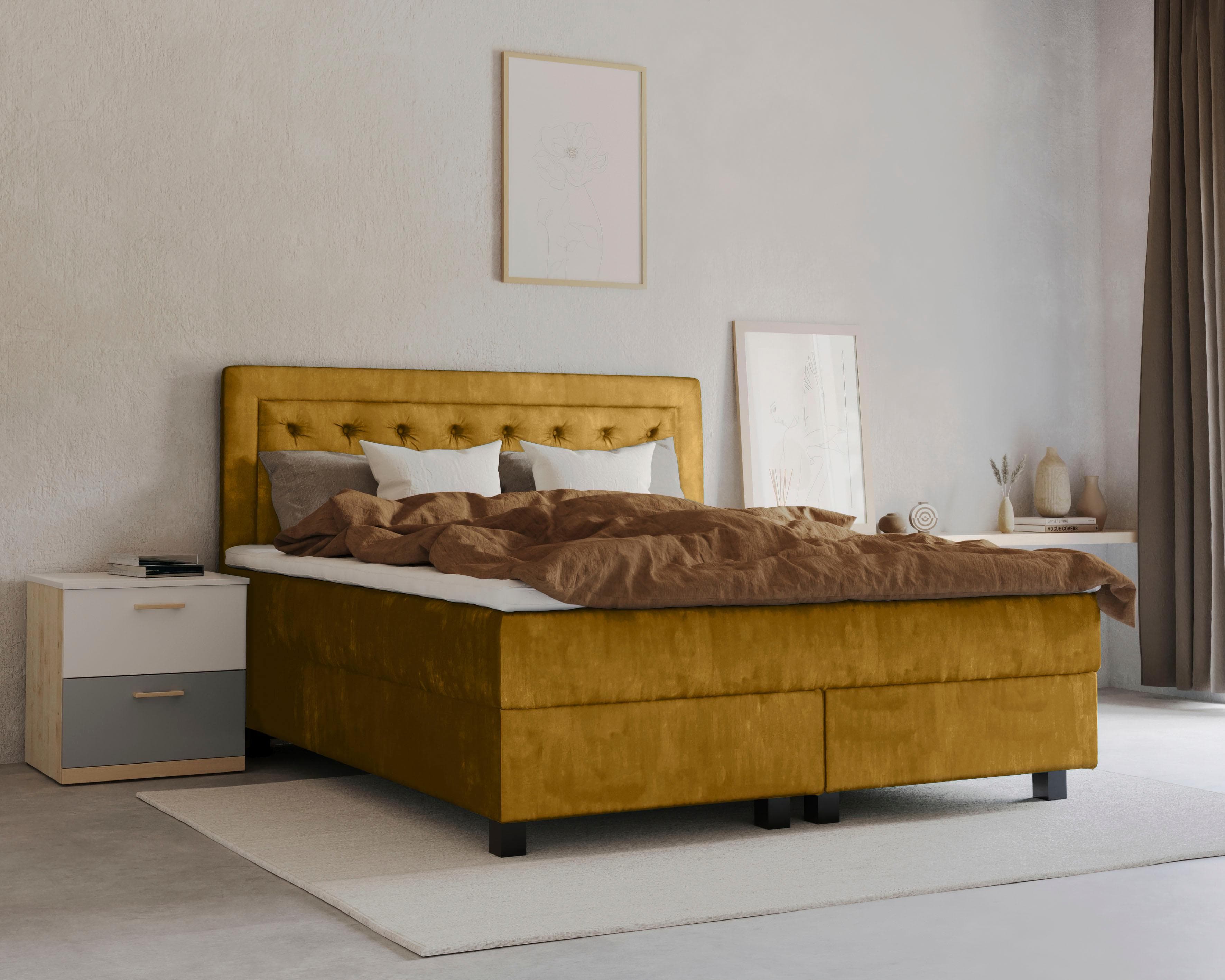 HOME AFFAIRE Jeanne Boxspringbett Gelb Samtvelours mit Topper