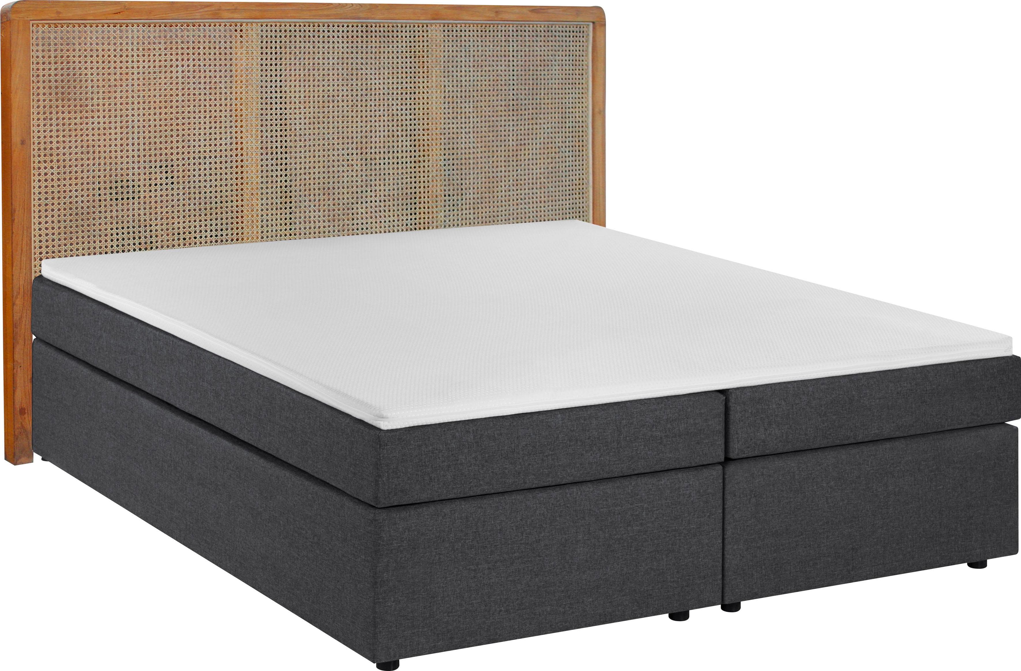 Boxspringbett SIT Grau Natur Rattan Kopfteil 2 Matratzen H3