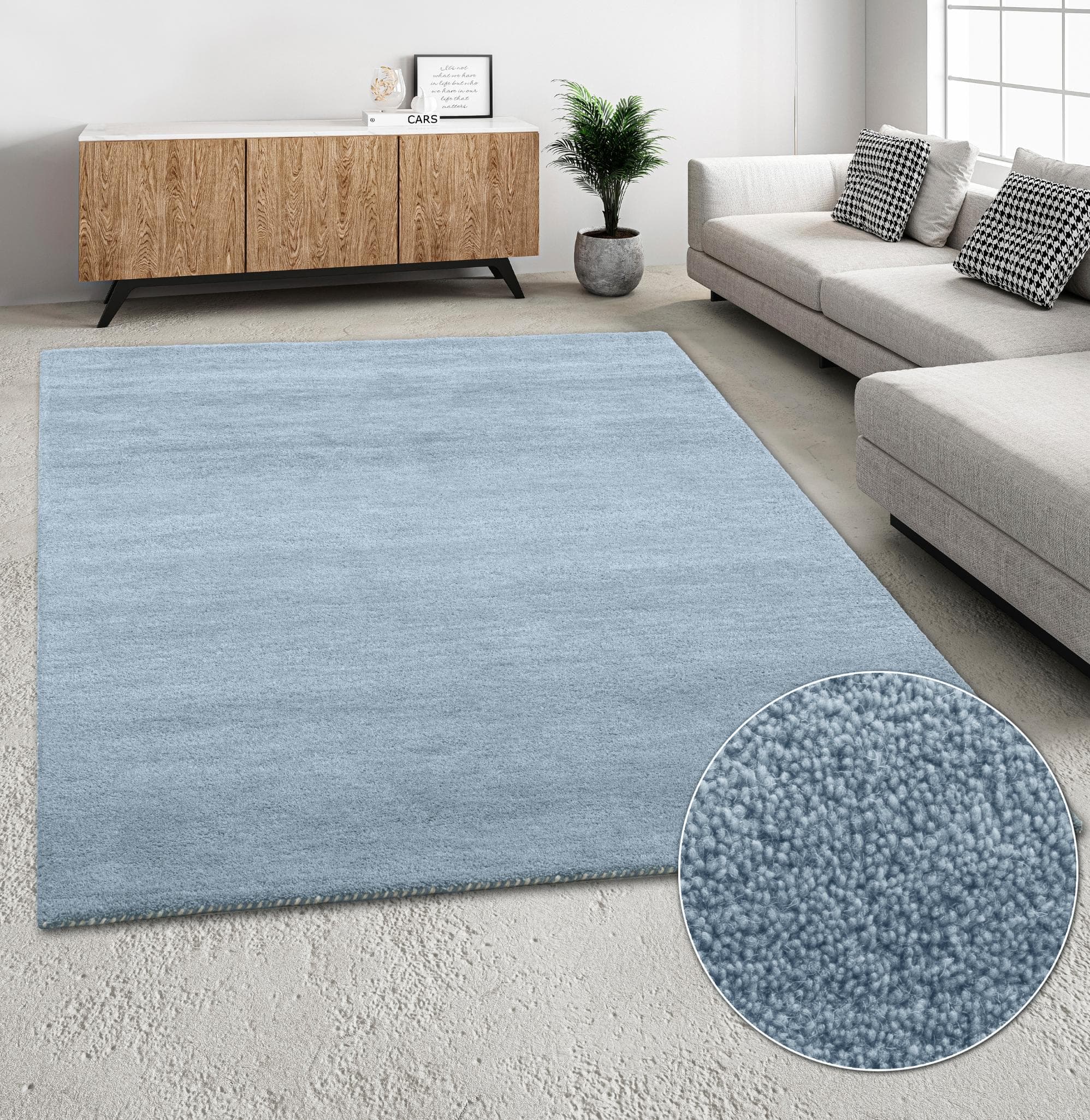 THEKO Wollteppich Gabbeh Uni Blau-Grau Handgewebt