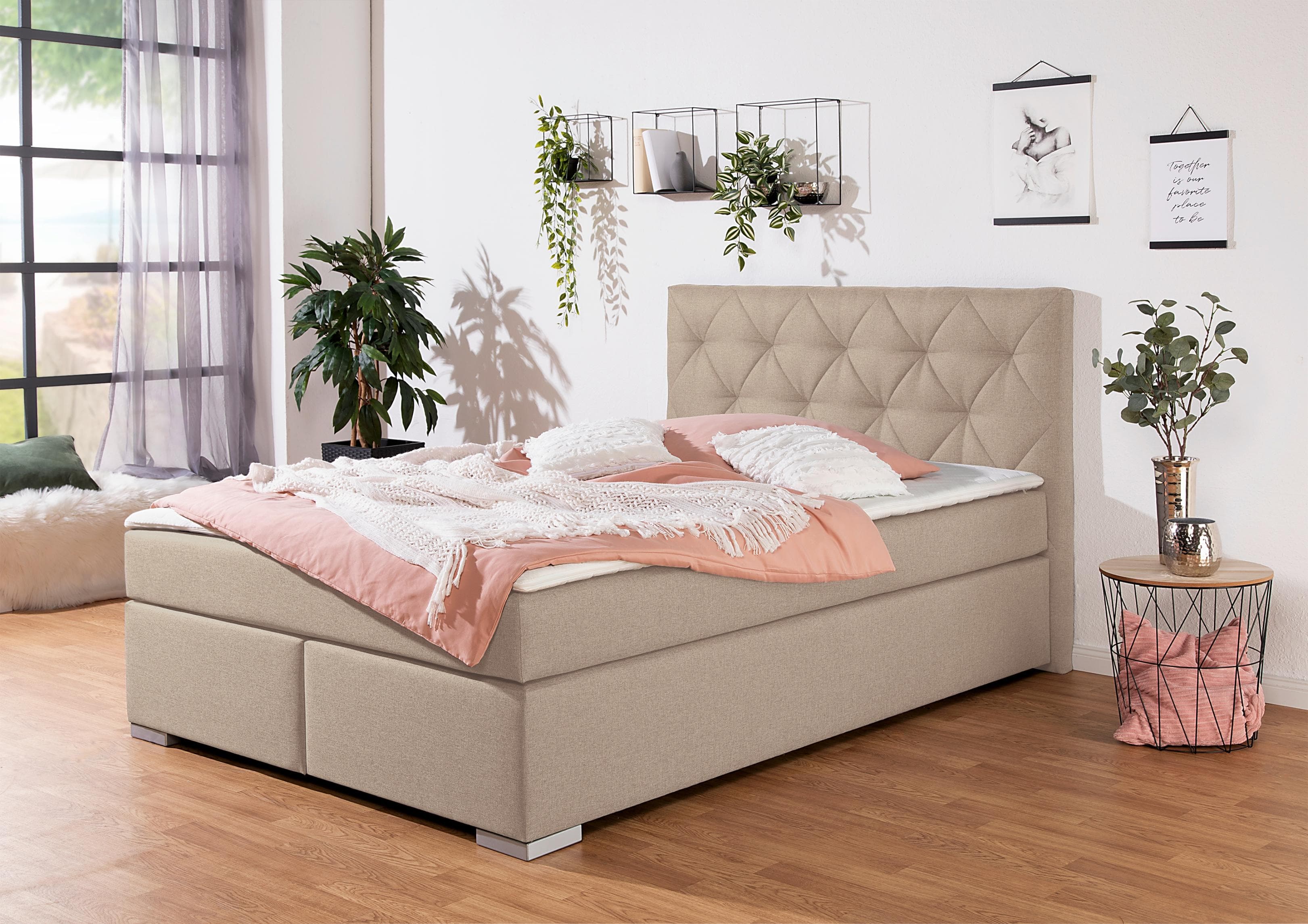 Boxbett HOME AFFAIRE Tynan Beige mit Bettkasten und Taschenfederkernmatratze