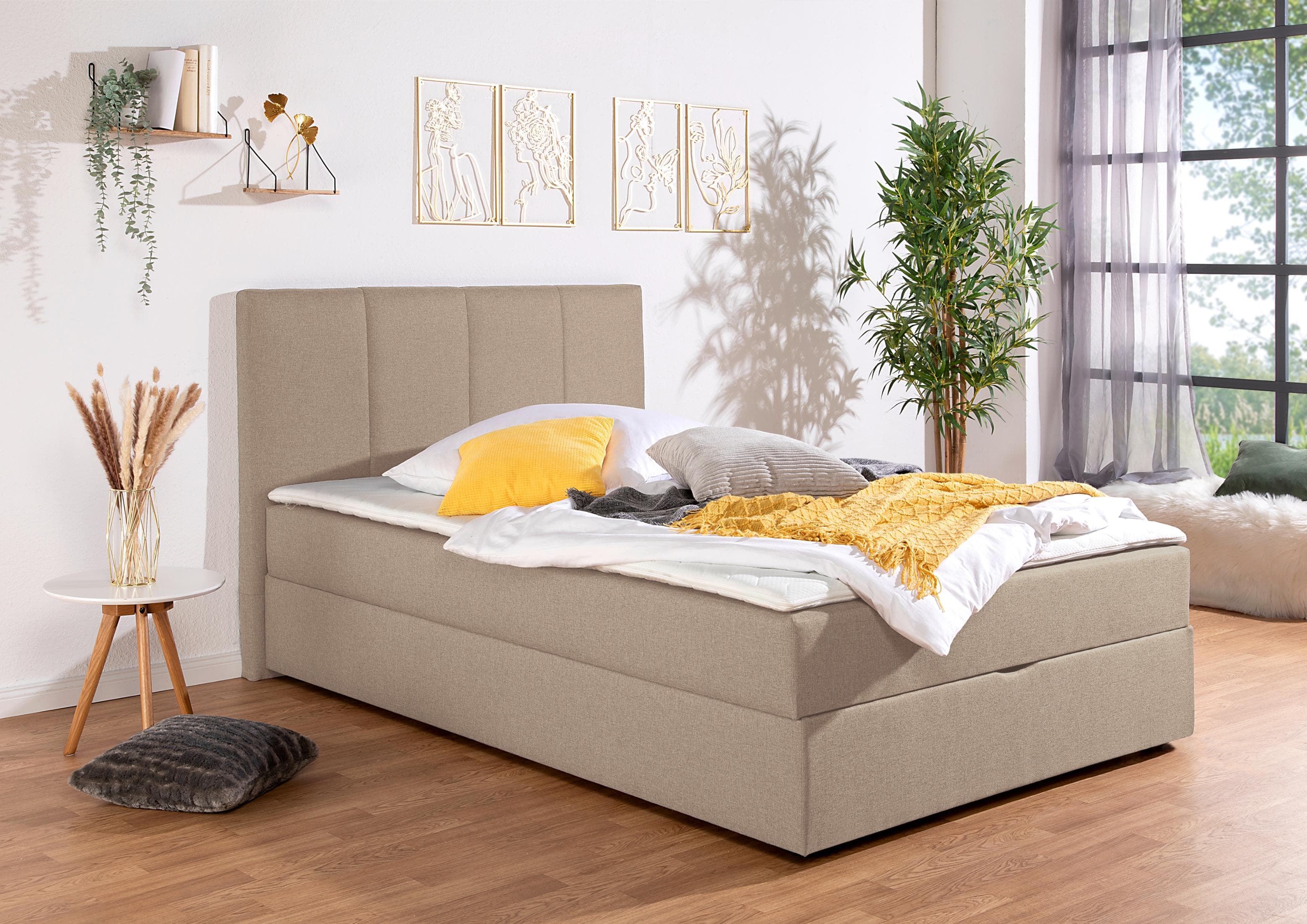 Boxbett HOME AFFAIRE Fidan Beige mit Bettkasten und Matratze H3