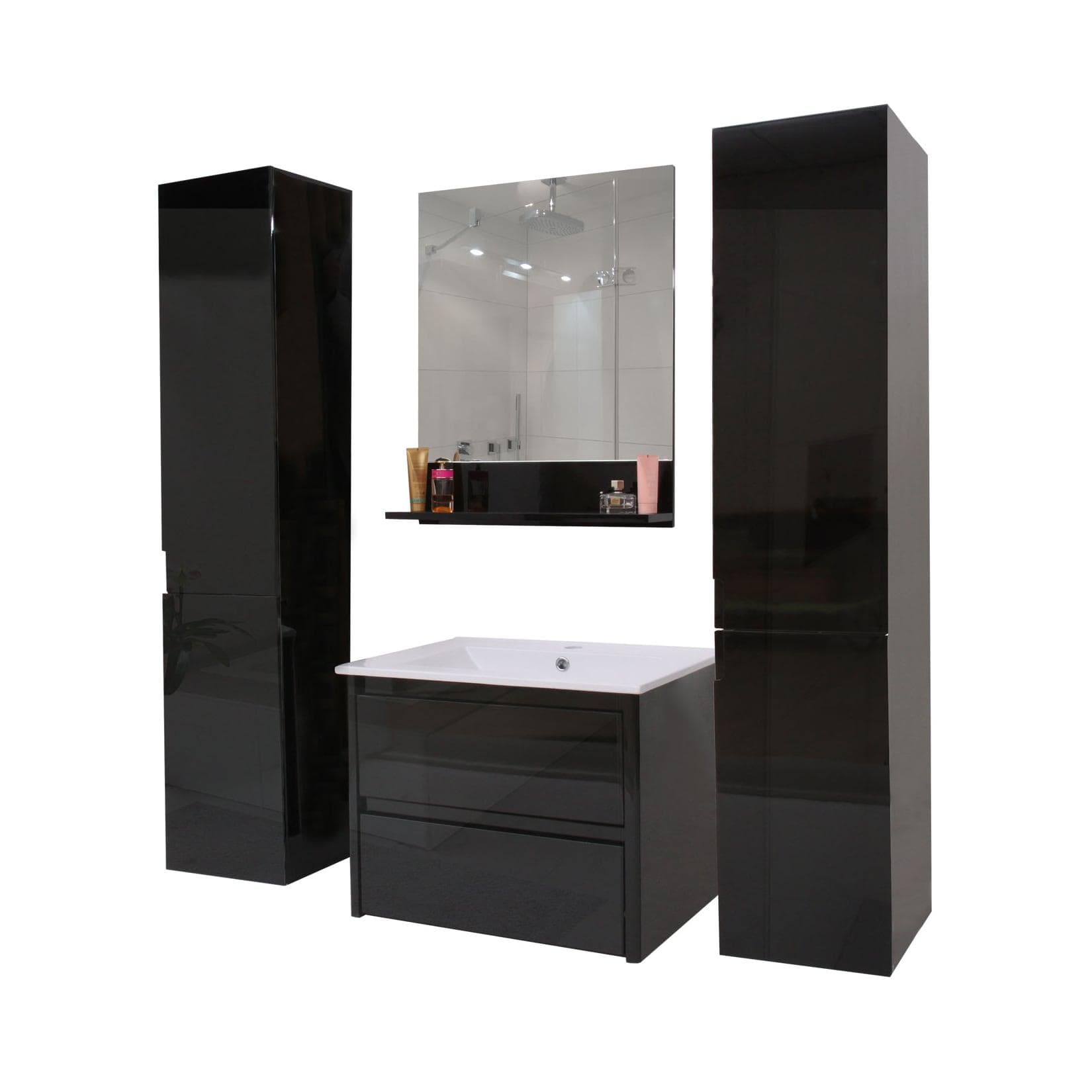 Badezimmerset MCW-B19 Waschtisch Wandspiegel 2x Hängeschrank Hochglanz Schwarz