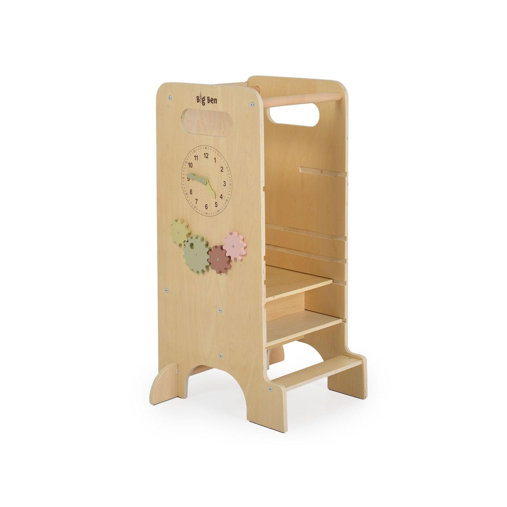 Moni Kinder Lernturm 4 in 1 Big Ben Rutsche Tafel Hochstuhl Uhranzeige Motorik Braun