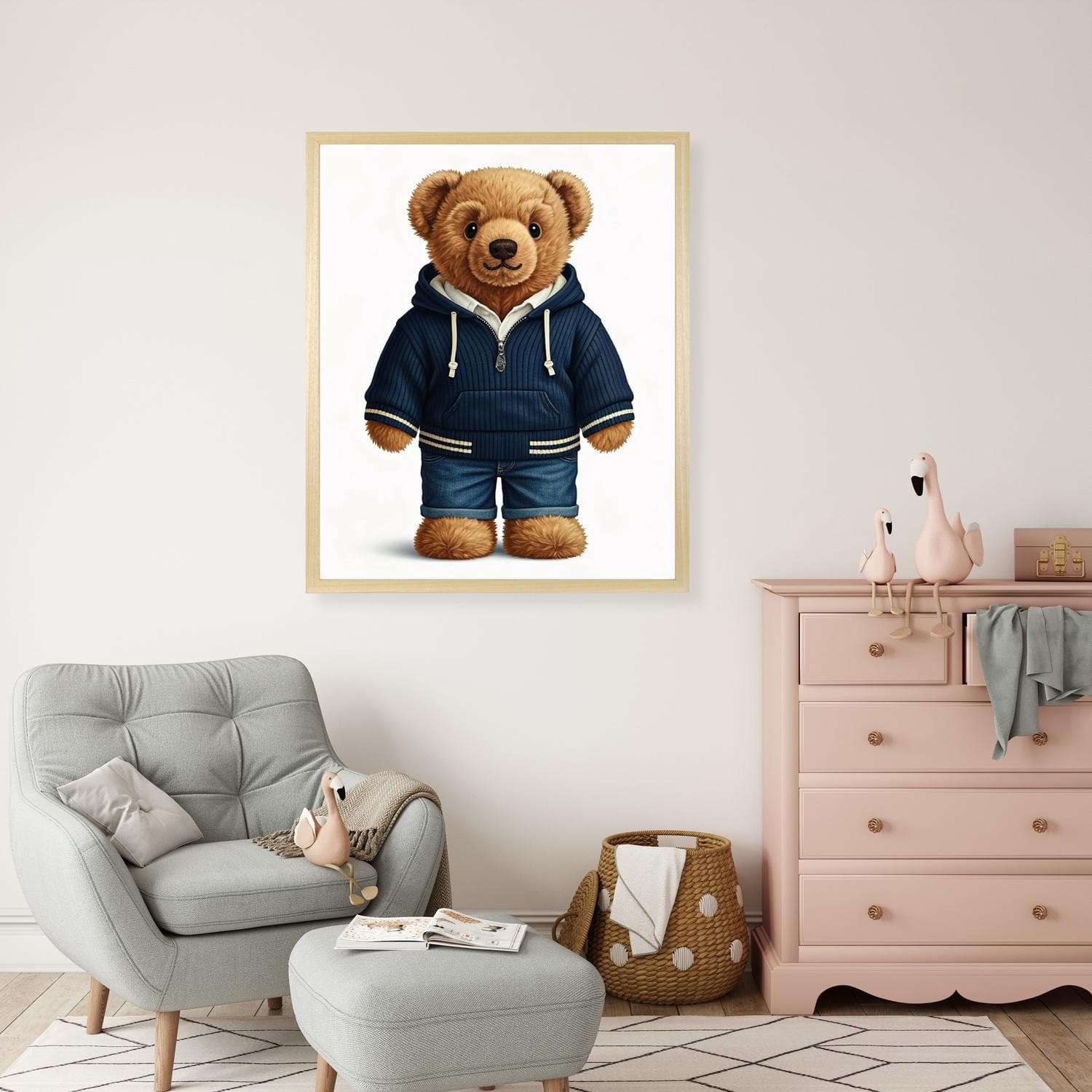 Bild mit Rahmen QUEENCE Teddy Bär mit Jeans und Hoody Beige Blau