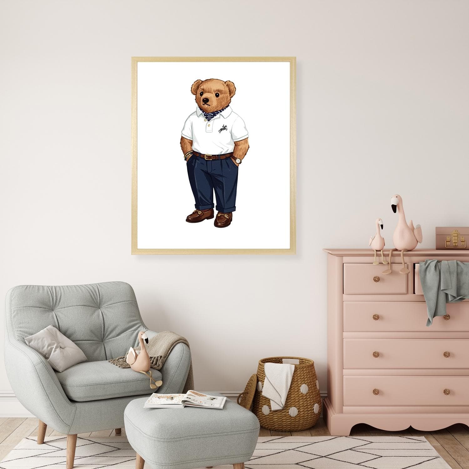Bild mit Rahmen QUEENCE Vintage Polo Club Teddy Bär Beige/Blau