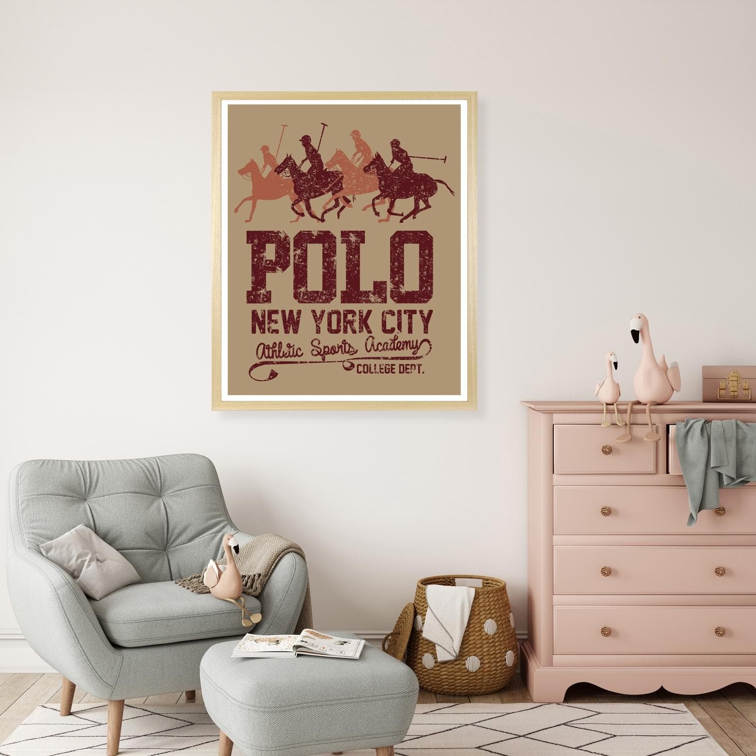 Bild mit Rahmen QUEENCE "Vintage Polo Club New York" Beige Dunkelrot