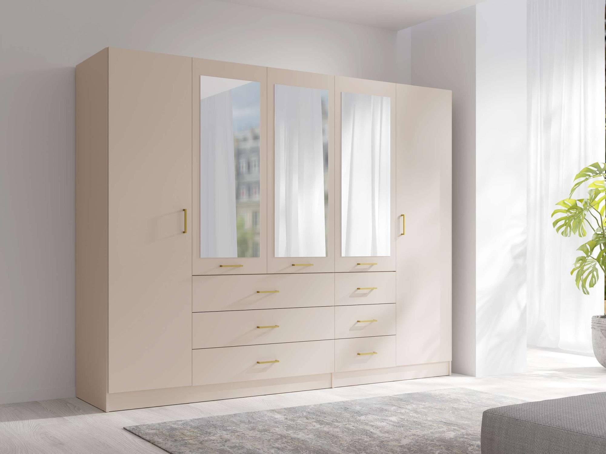Kleiderschrank HOME AFFAIRE KOS Garderobe mit 6 Schubladen, 2 Kleiderstangen, 5 Einlegeböden, 3 Spiegel, beige