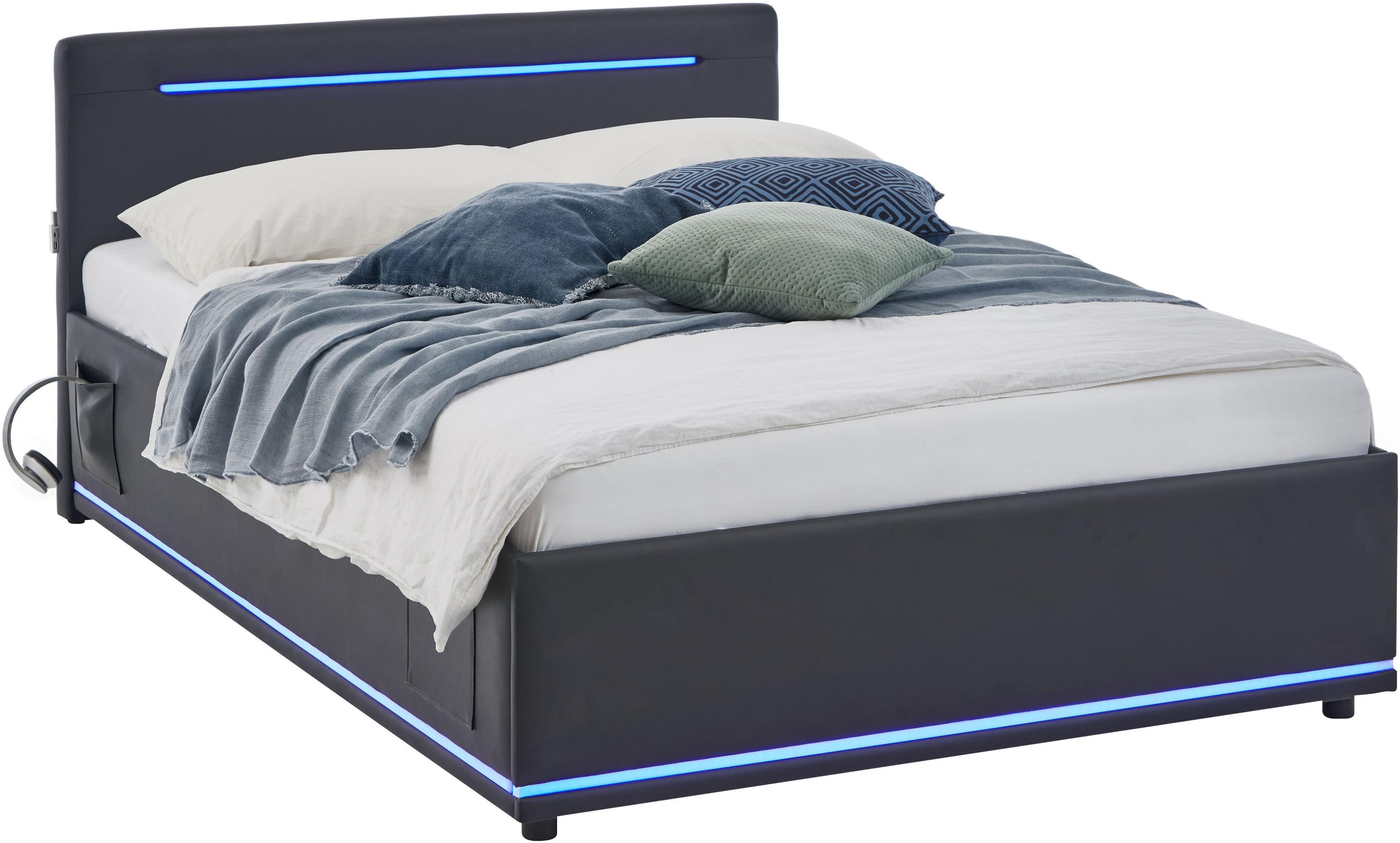 Polsterbett MEISE.MÖBEL Circle mit LED-Beleuchtung & USB-Anschluss, Bettkasten, Kunstleder, Schwarz