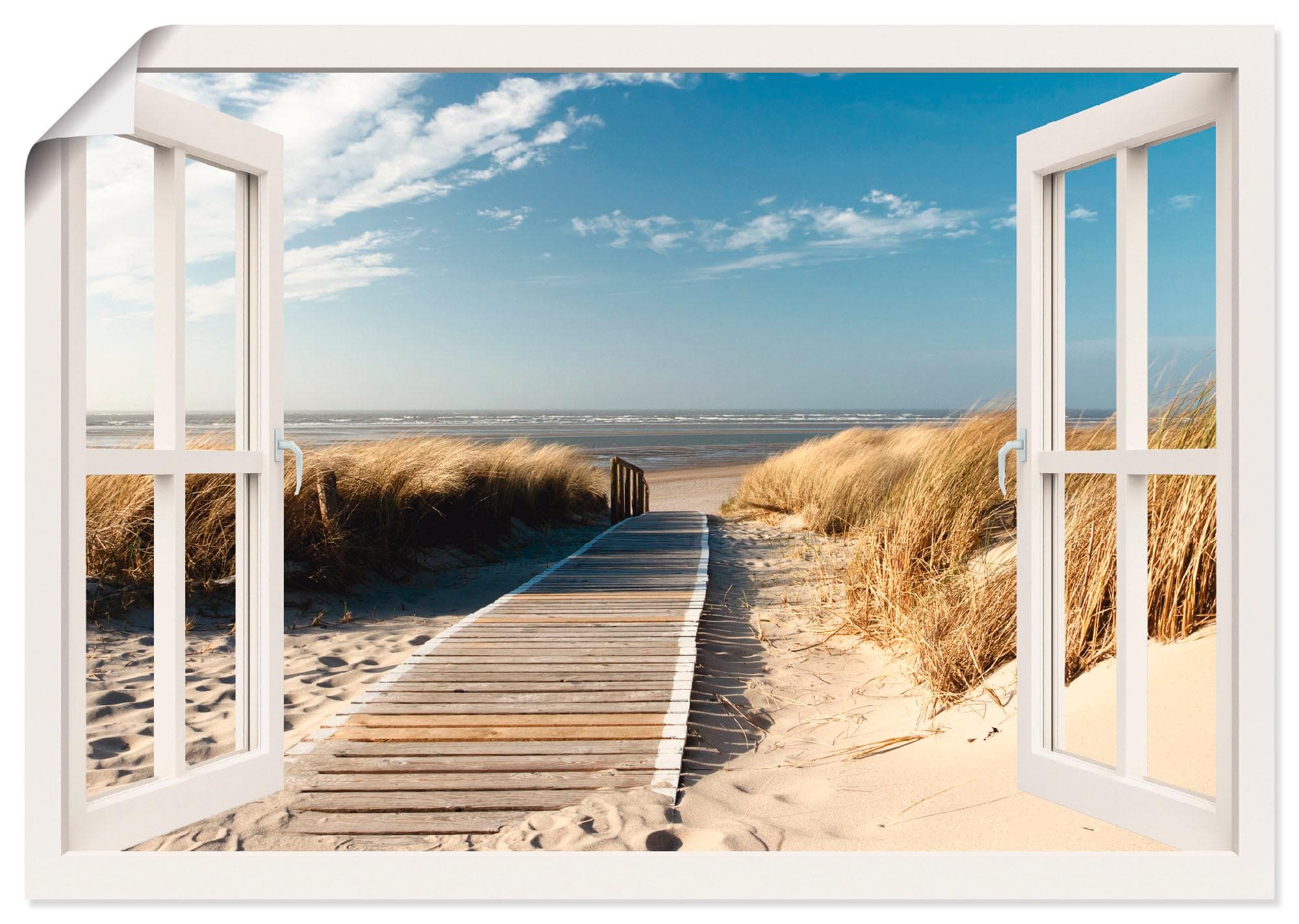 ARTLAND Wandbild Leinwand „Fensterblick Nordseestrand auf Langeoog“ Weiß