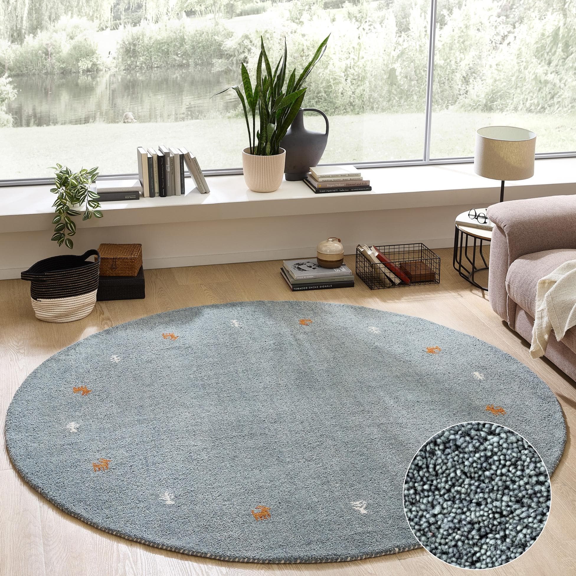 Theko Gabbeh Teppich Tiermotiv Hellblau/Grau 200 cm