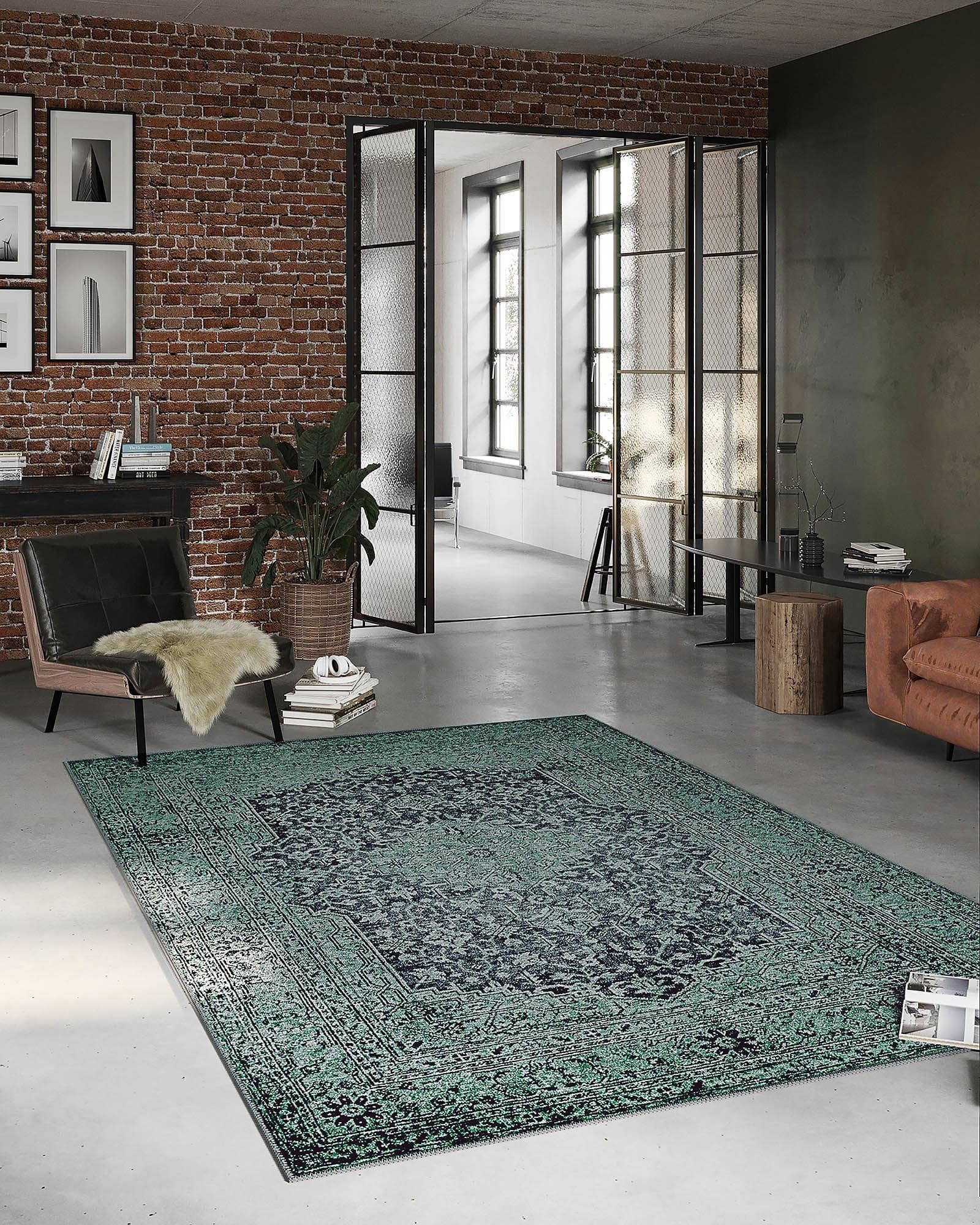 Vintage Teppich im Used-Look, Kurzflor, 240x340 cm, Grün