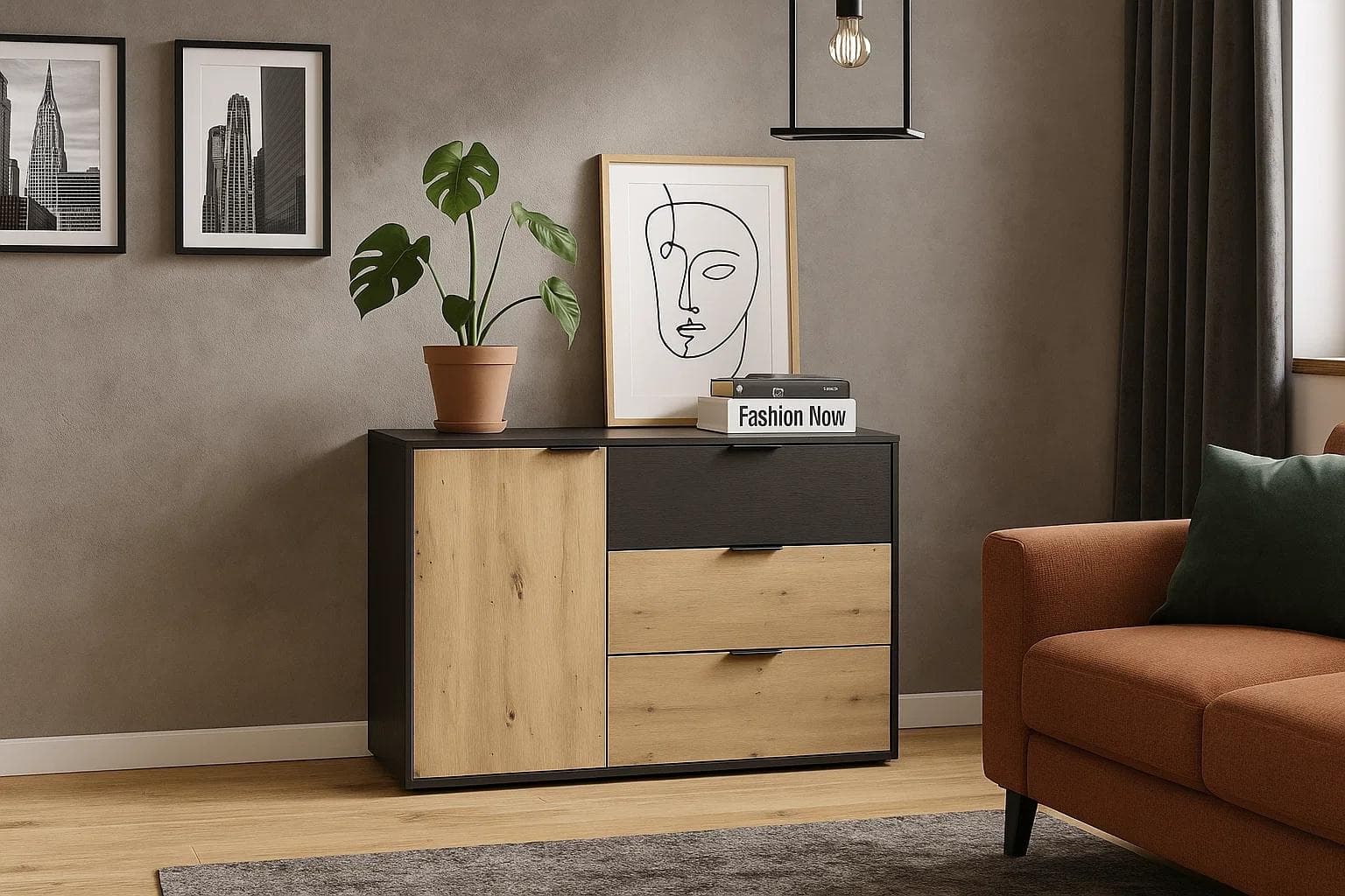 Kommode HOME AFFAIRE PERY Sideboard mit 3 Schubladen und 3 Fächern, Schwarz/Natur