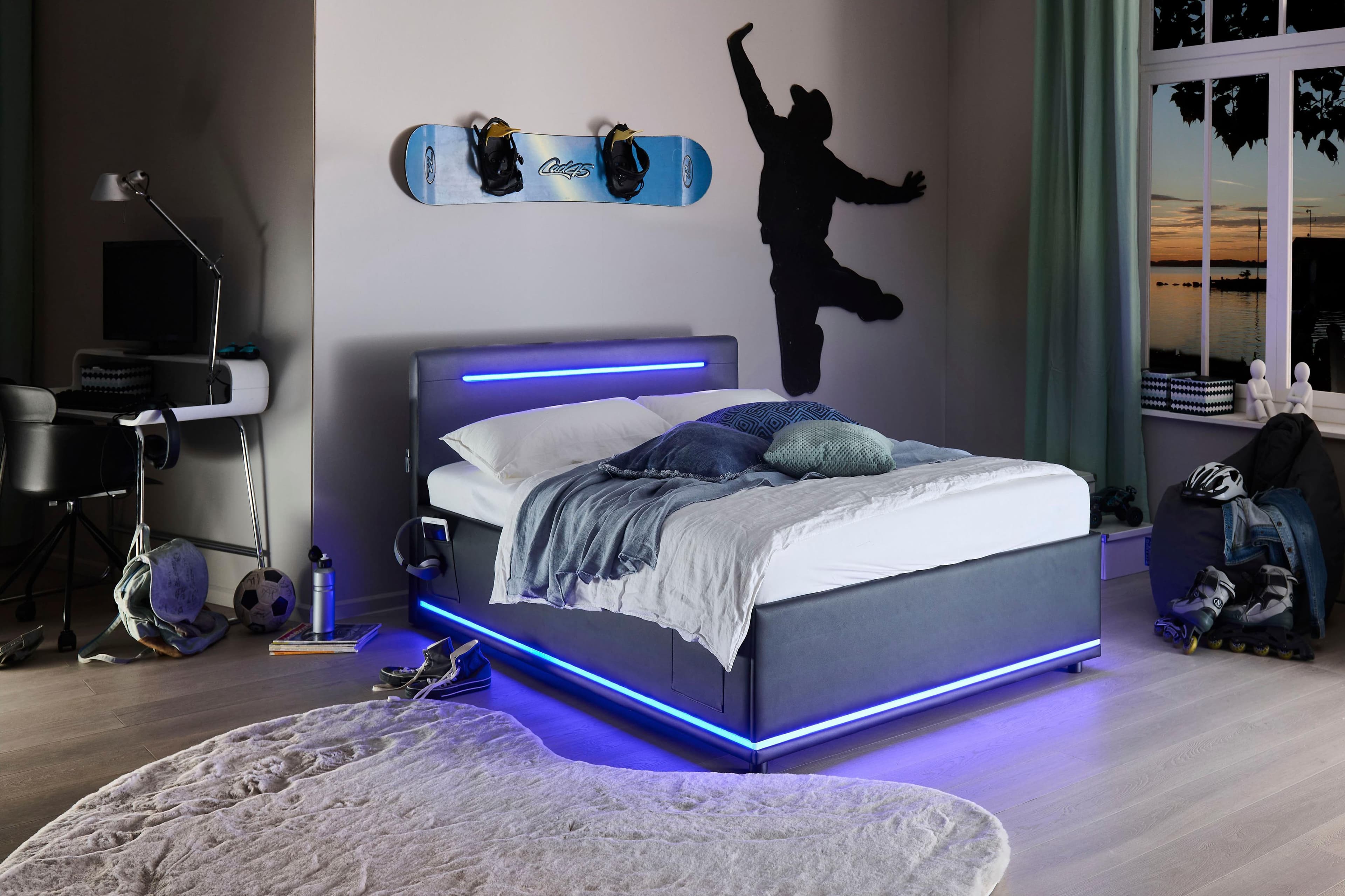 Polsterbett MEISE.MÖBEL Circle LED-Beleuchtung USB-Anschluss Schwarz