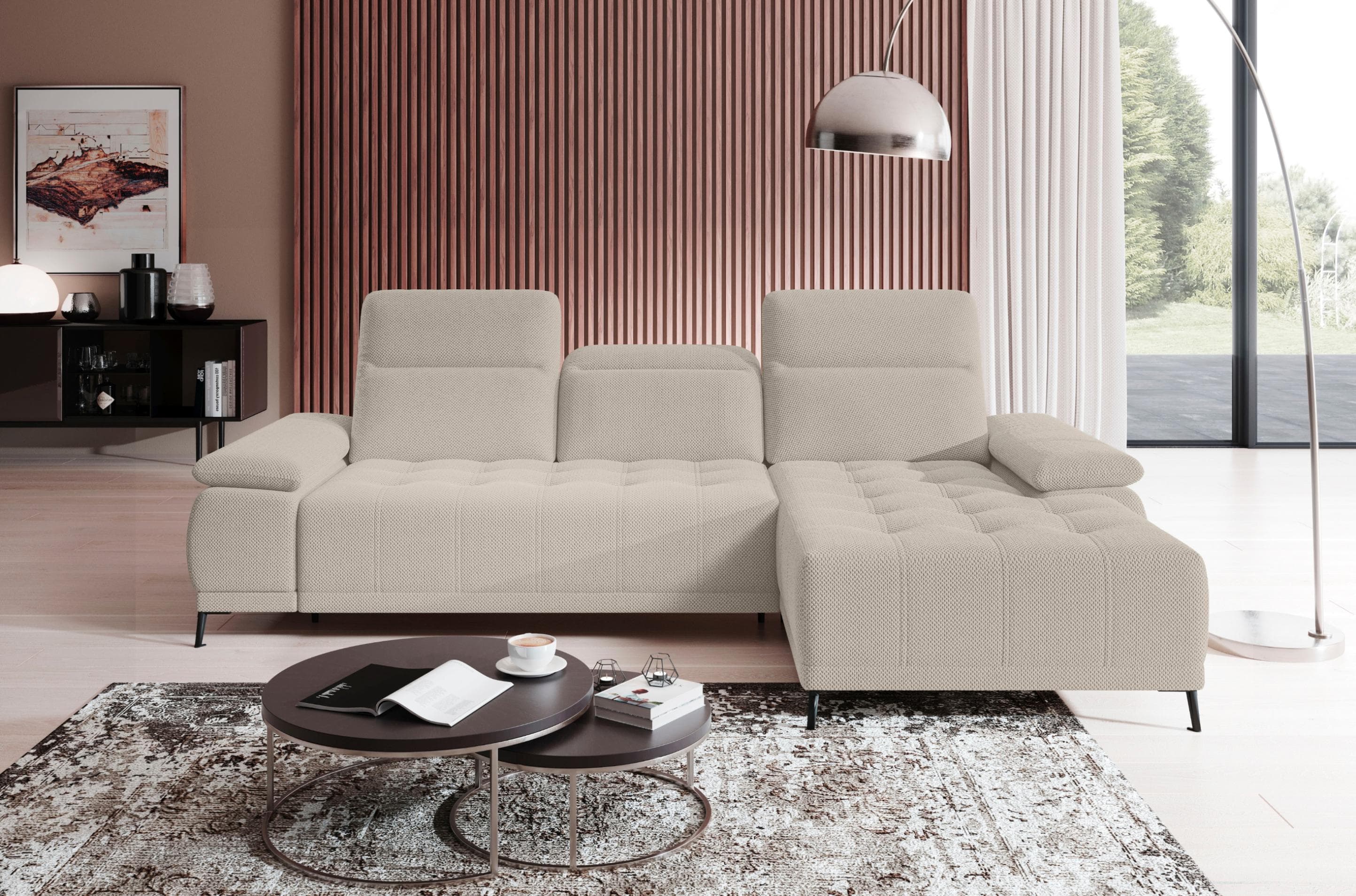Ecksofa WERK2 Focus-S inkl. elektr. Sitzvorzug, manuelle Kopfteilverstellung, 100% Polyester