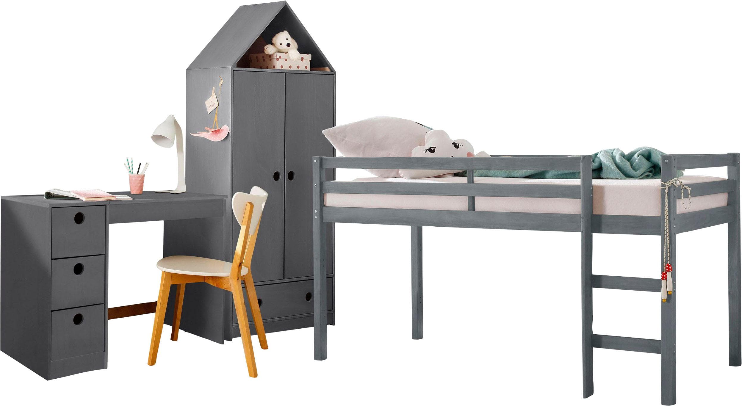 OTTO HOME Jugendzimmer-Set Alpi Grau Hochbett mit Schrank und Schreibtisch