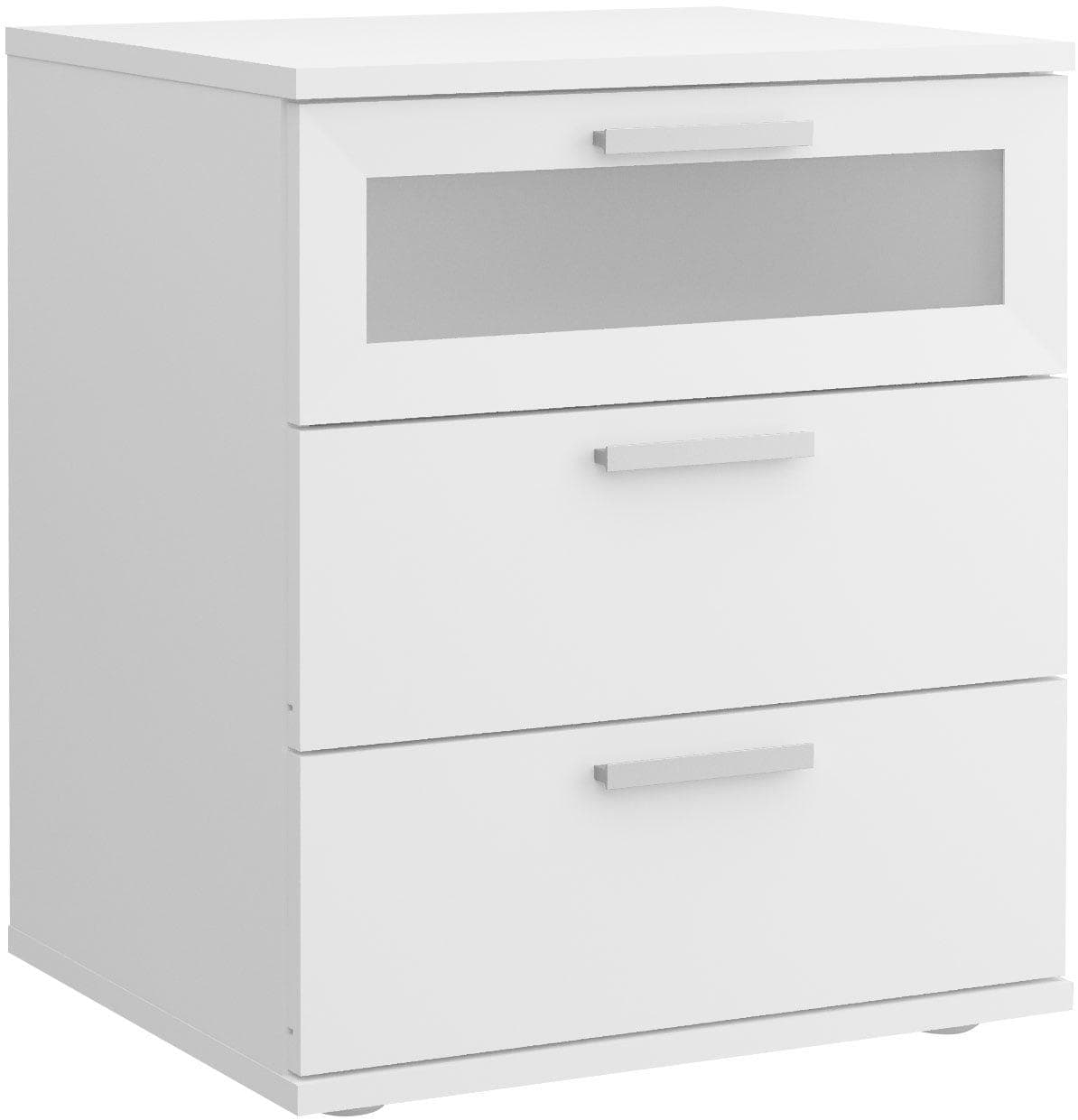 FMD Retro Nachttisch Weiß mit 3 Schubladen und Glaseinsatz