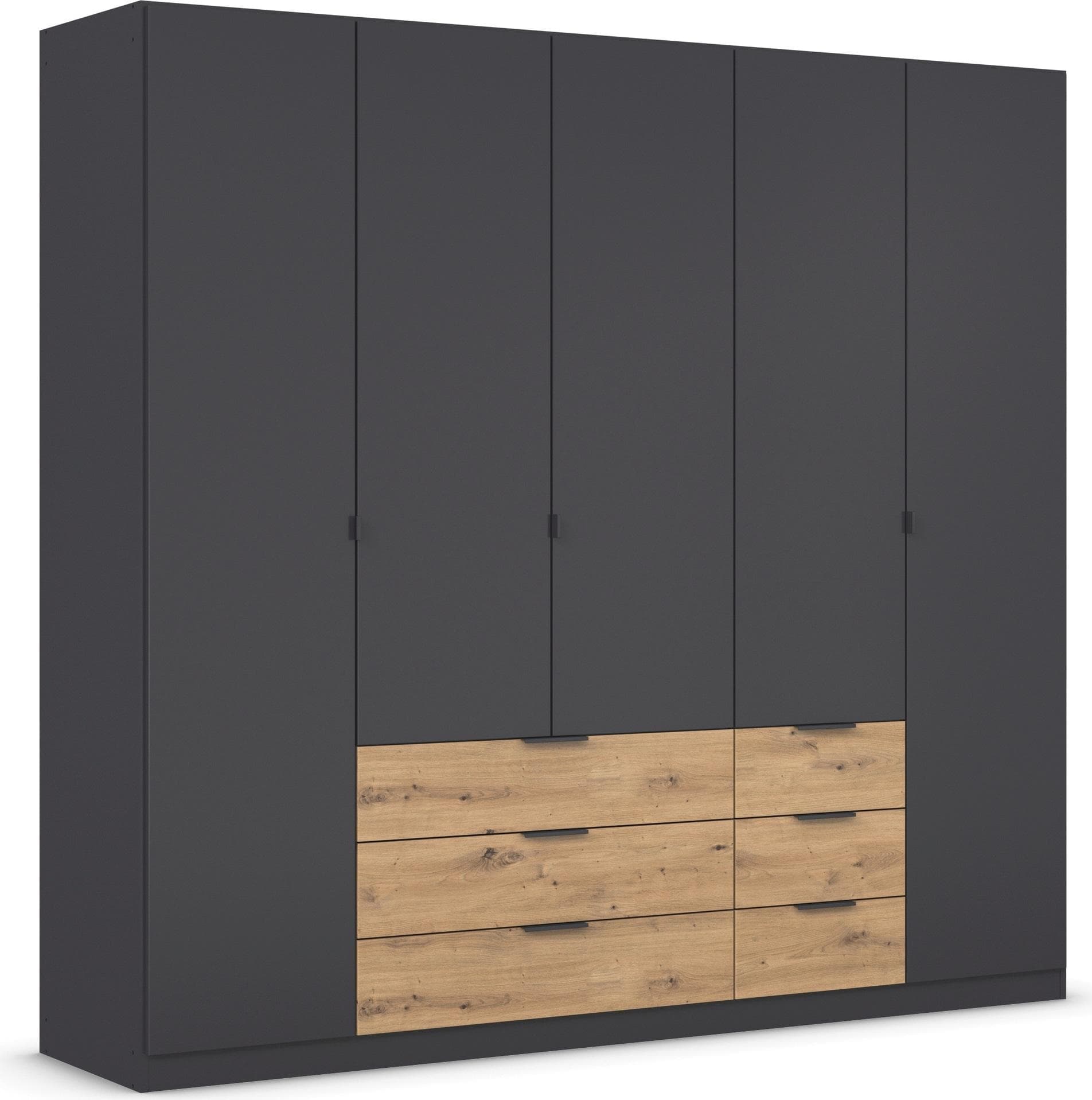 Drehtürenschrank mit farbigen Schubladen