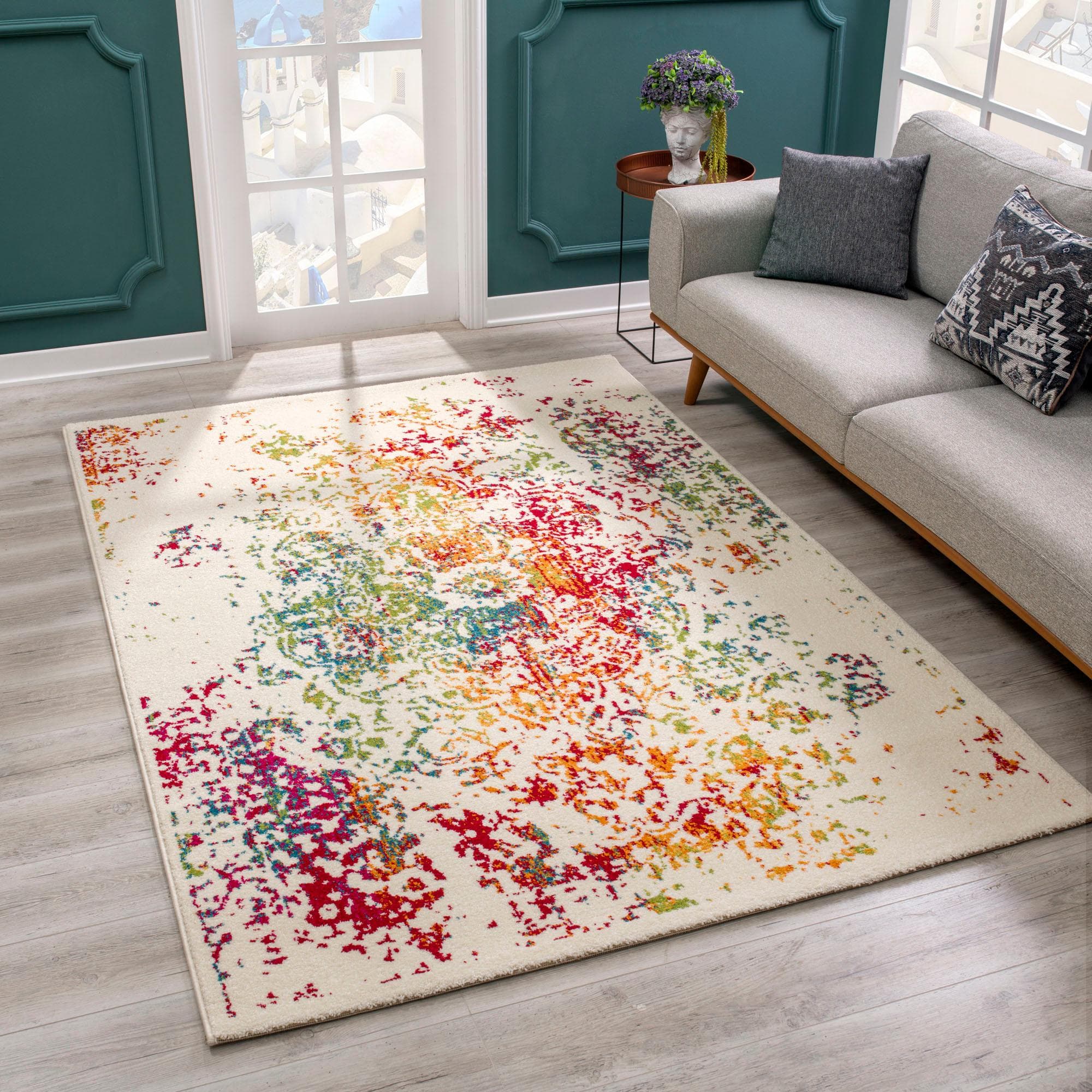 Vintage Retro Teppich aus Kunstfaser und Jute, weiß und bunt, 200x290 cm