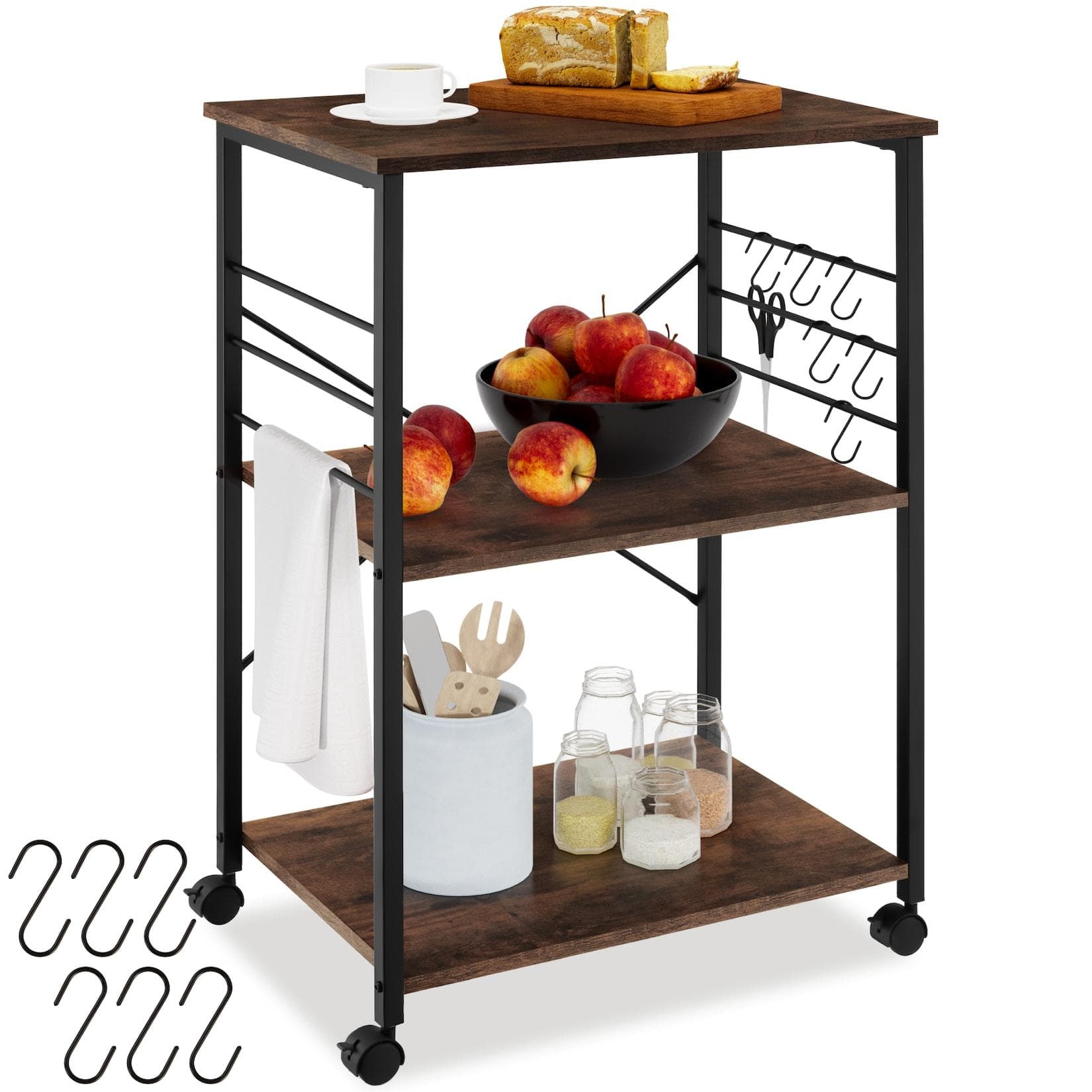 tectake Servierwagen Industrial Style 3 Ebenen 6 Haken