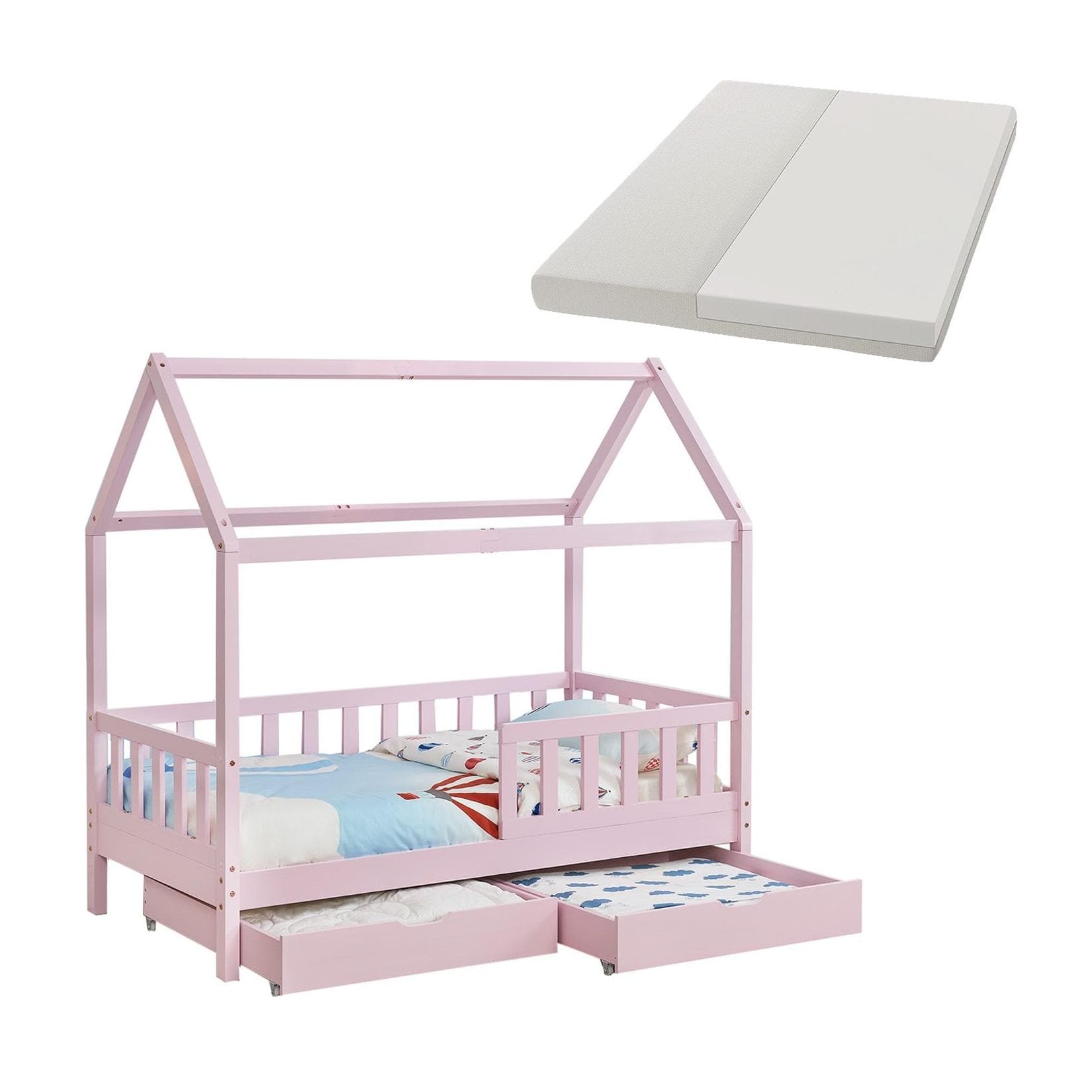 Juskys Kinderbett Marli 80 x 160 cm mit Matratze, Bettkasten, Gitter, Lattenrost & Dach Rosa