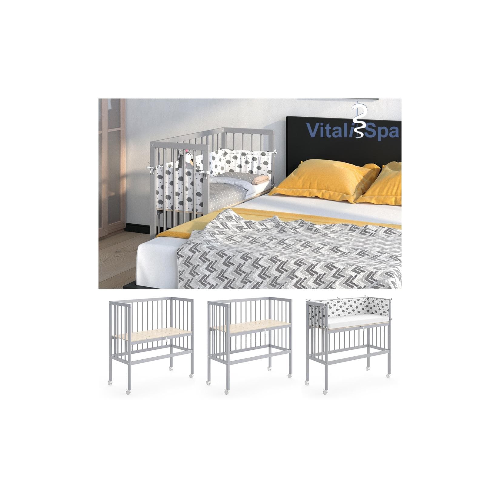 VitaliSpa® Beistellbett Sophie Grau - Höhenverstellbar mit Sicherheitsschutz