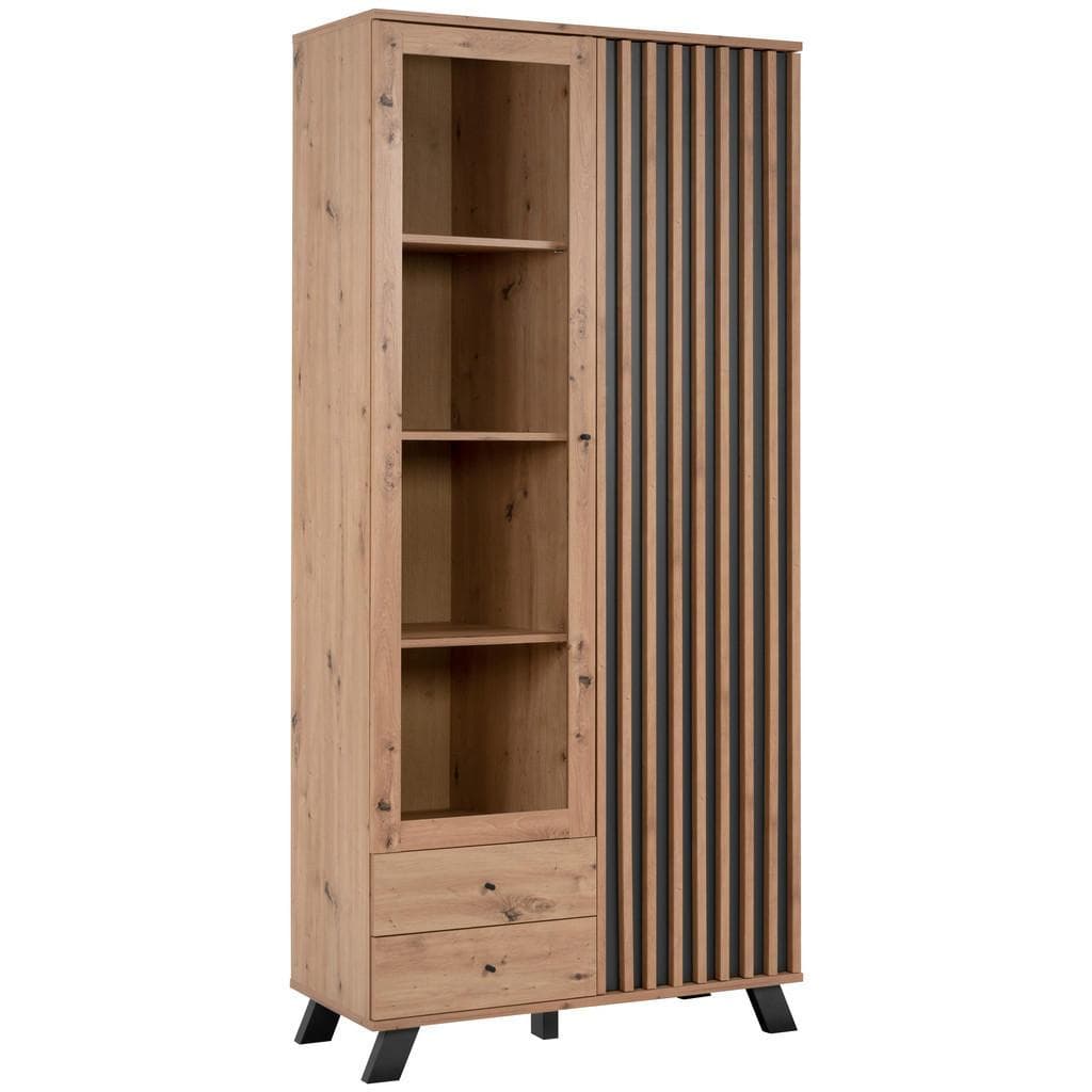 Mid.you Vitrine Anthrazit Eiche Artisan Glas Holzwerkstoff 8 Fächer 2 Schubladen